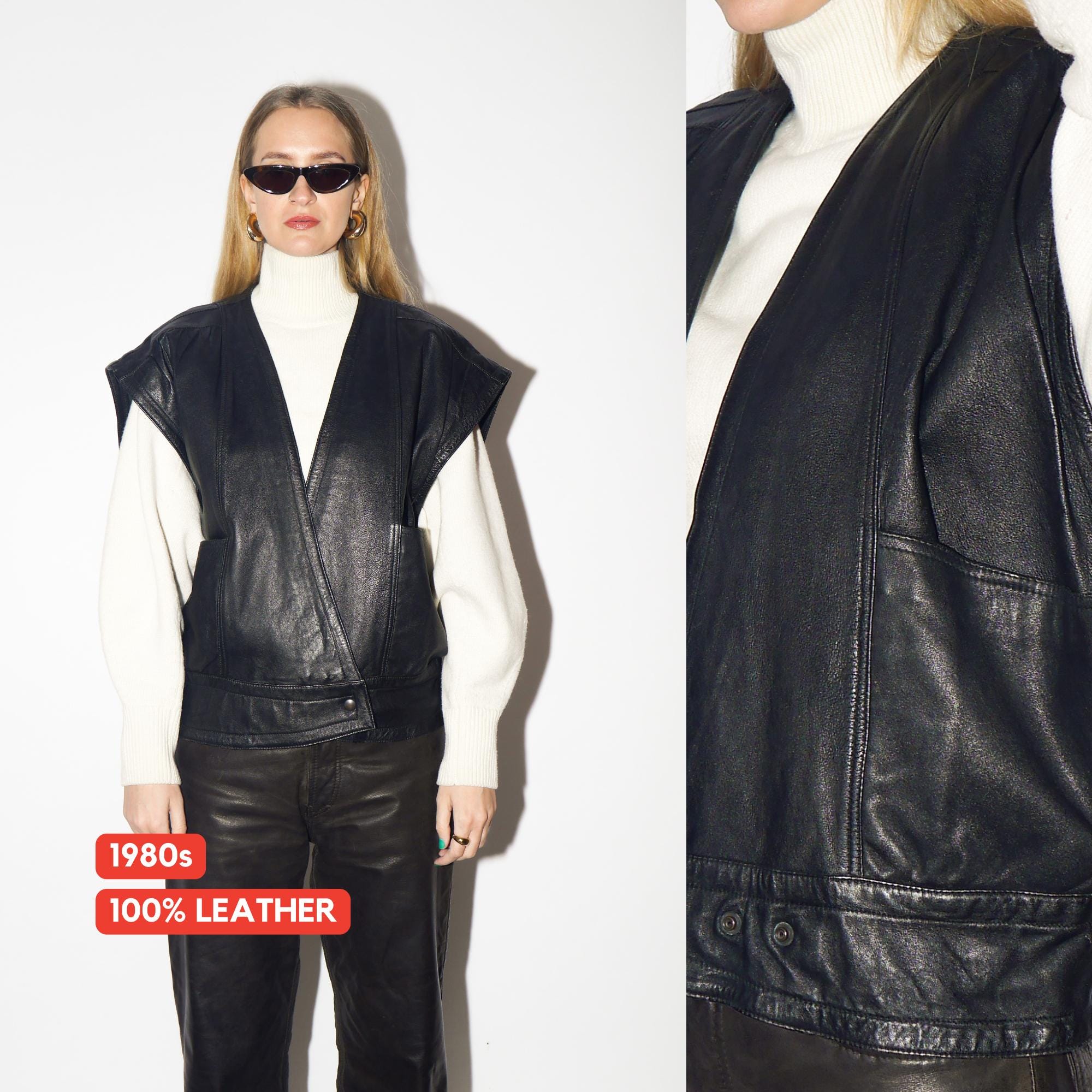 VINTAGE Black Leather Vest from 1980s | Oversized Black Leather Waistcoat