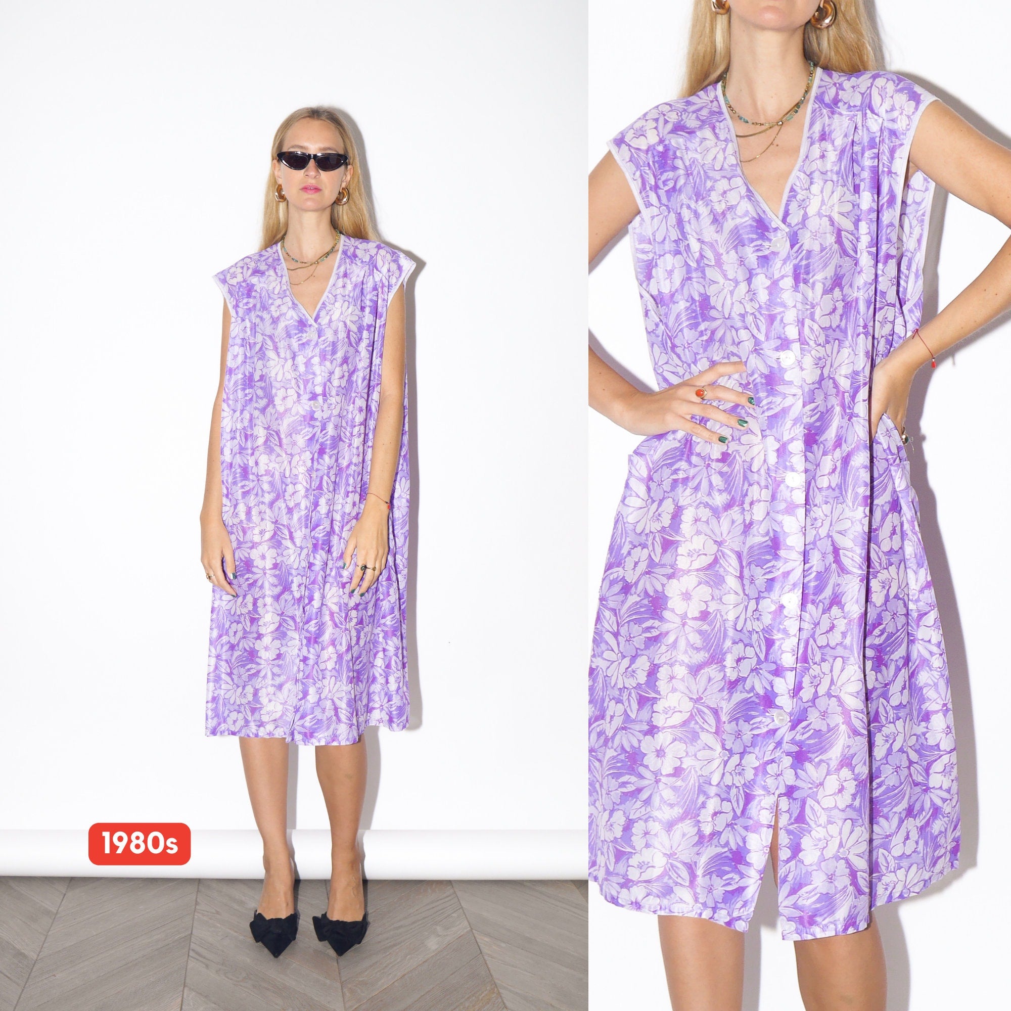VINTAGE purple liliac flower patterned oversize dress from 1980s | lightly sheer oversize buttoned dress with collar and two pockets