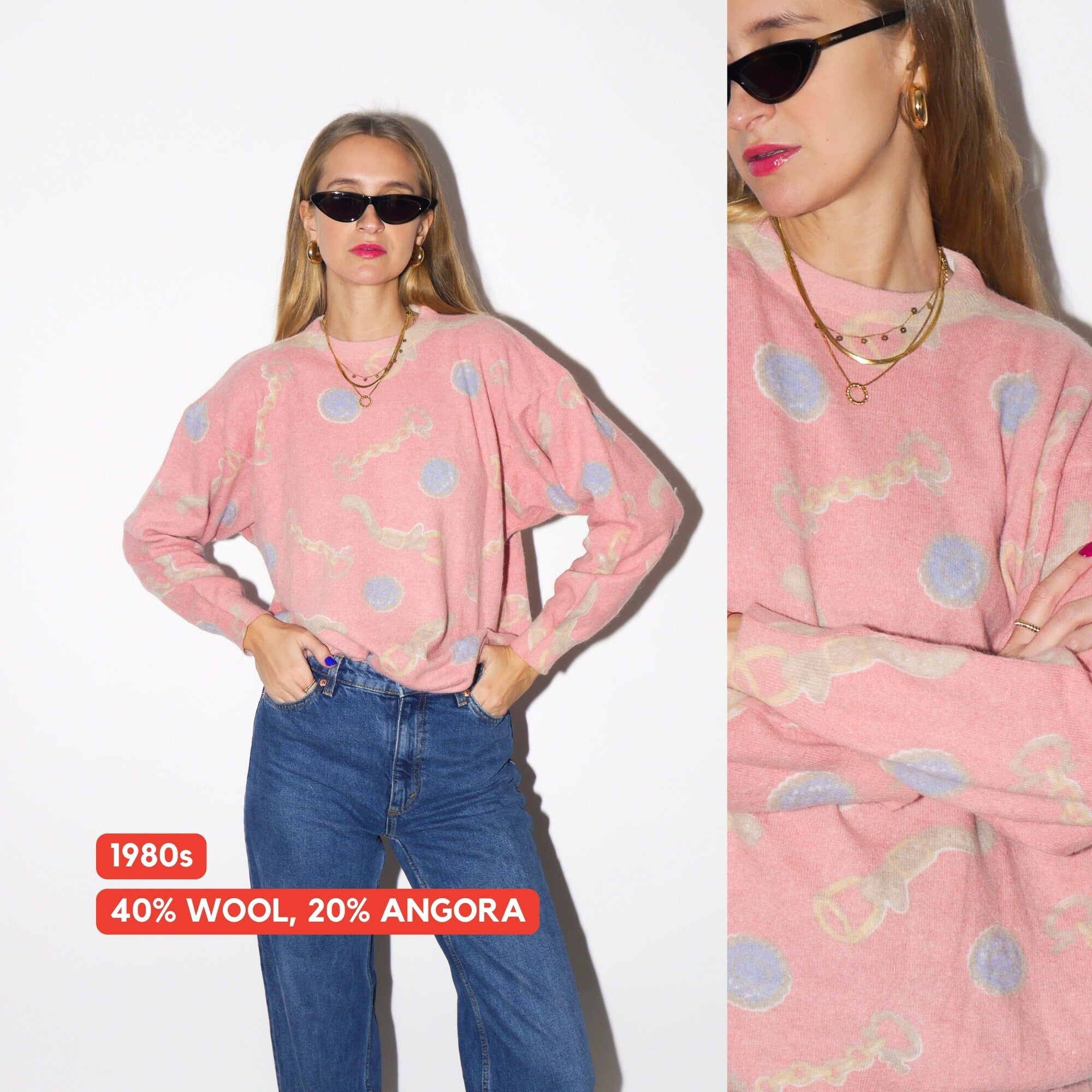 VINTAGE angora and wool sweater 1980s by Tivoli | cotton candy pink color with luxury chain pattern | oversize premium vintage sweater