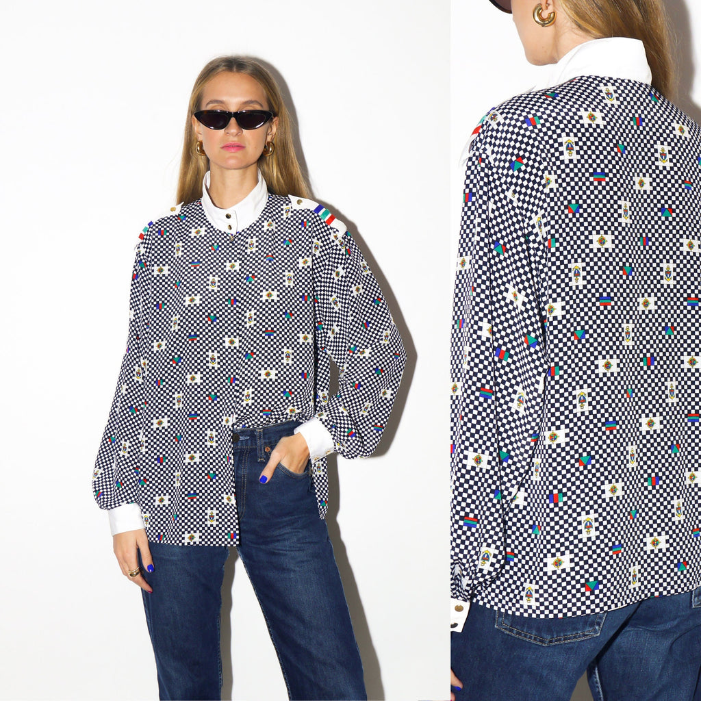 VINTAGE shirt 1980s | Yarell marine shirt | chequered shirt | soft fabric | stand-up collar shirt | white and black checkered pattern