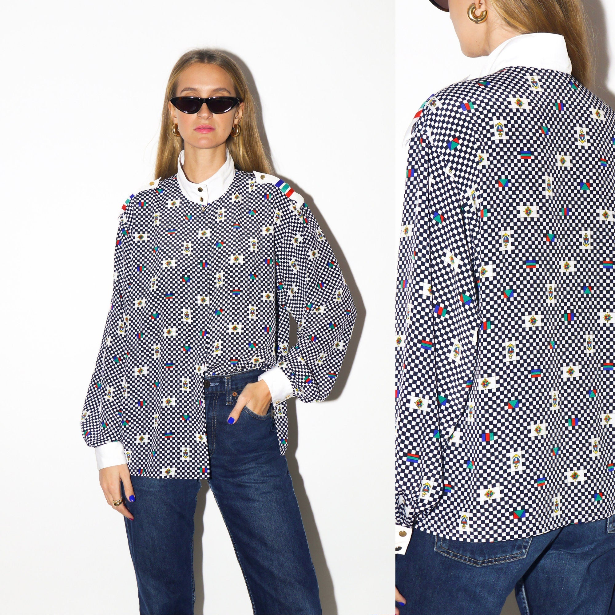 VINTAGE shirt 1980s | Yarell marine shirt | chequered shirt | soft fabric | stand-up collar shirt | white and black checkered pattern