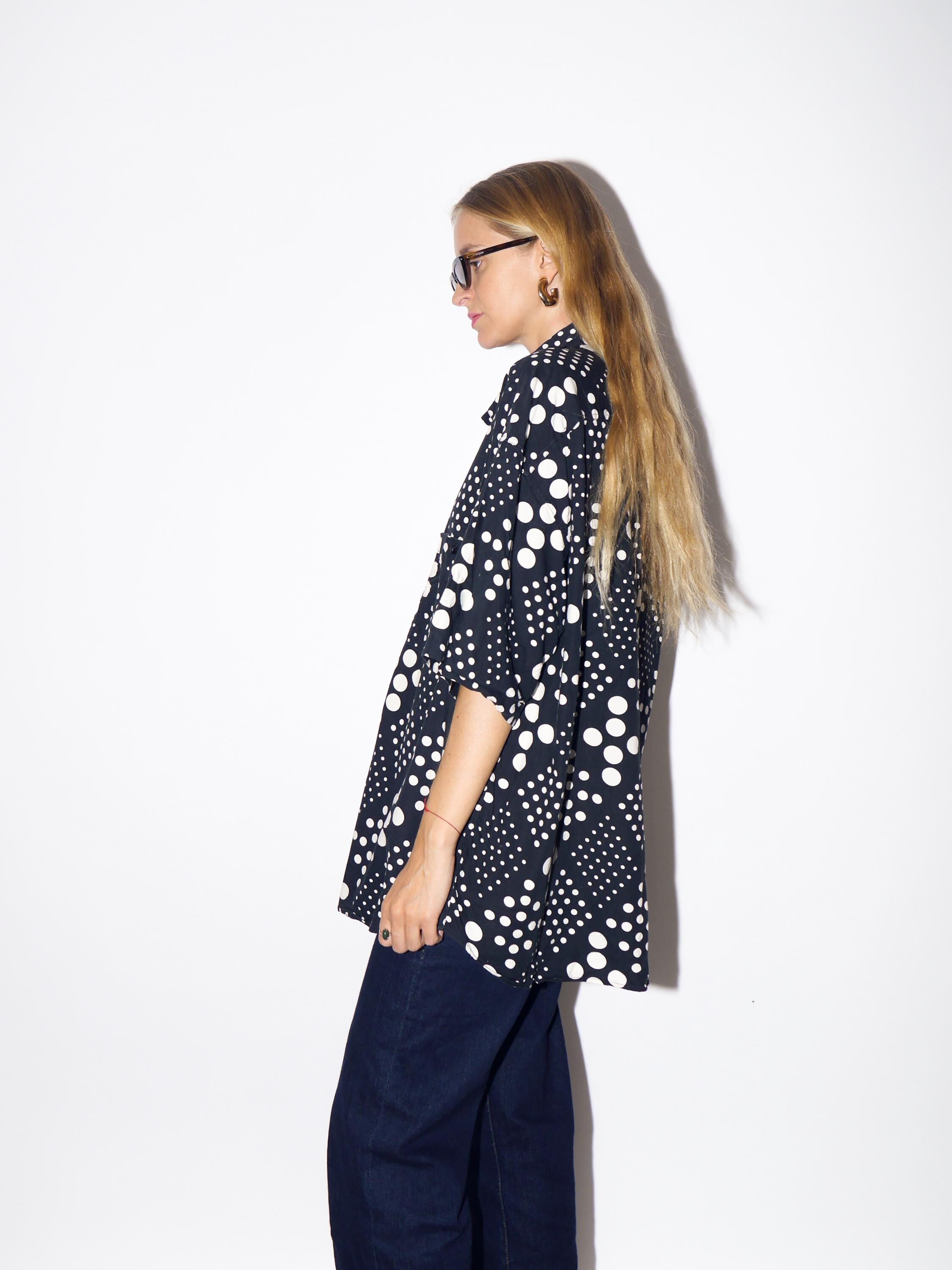 1980s Black Polka Dot Shirt - Vintage Oversize Short Sleeve Buttoned Shirt in Cotton Fabric, Retro Fashion Clothing for Women