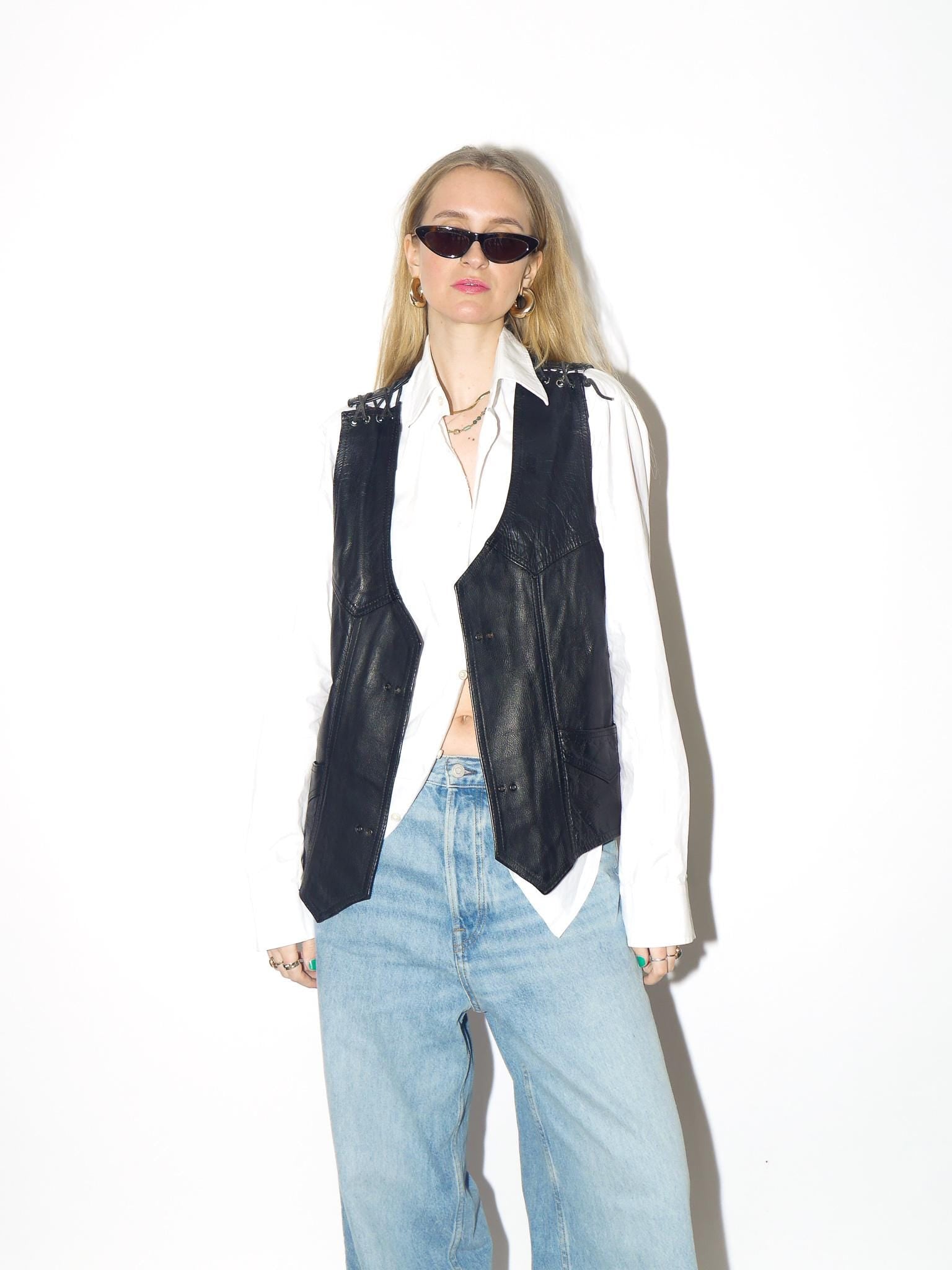 VINTAGE black leather vest from 1980s | heavy vintage motorcycle leather vest