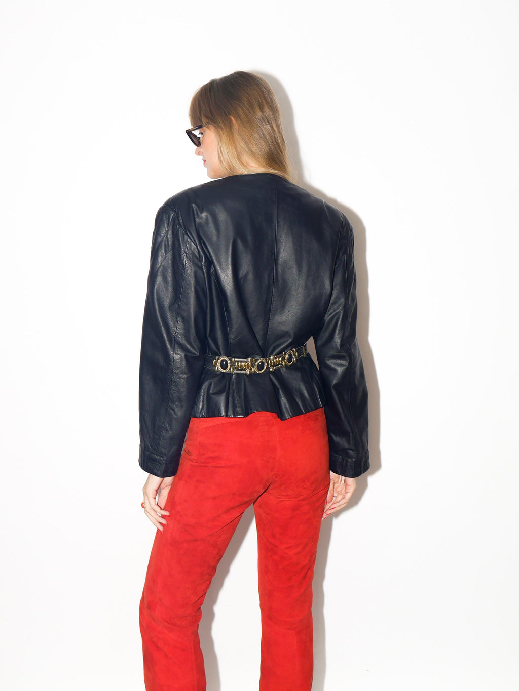 VINTAGE Black Cropped Leather Jacket With Shoulder Pads From The 1980s