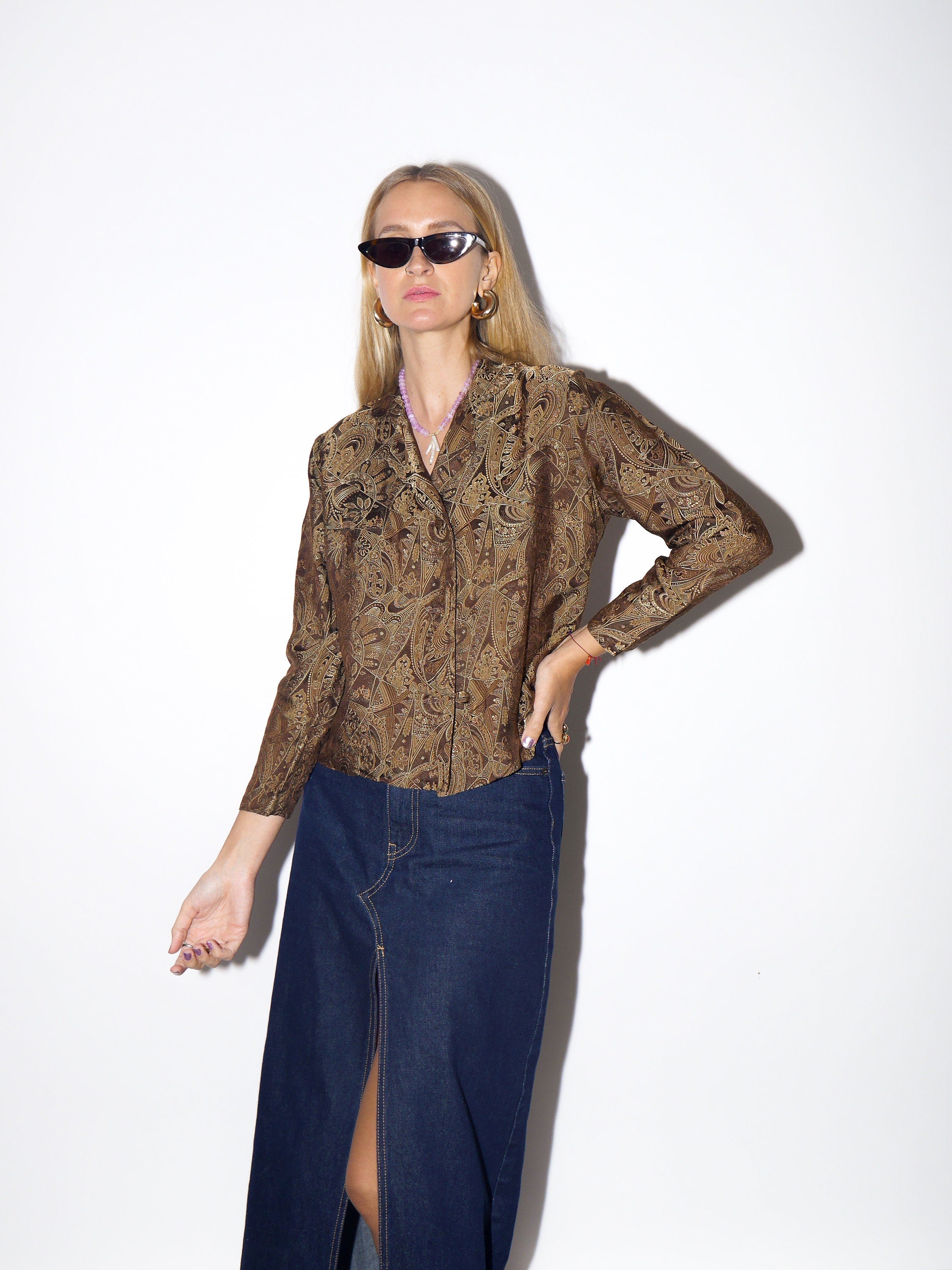 VINTAGE brown patterned silk jacket blouse blazer | handmade from 1980s | premium quality retro jacket blouse style with creamy lining