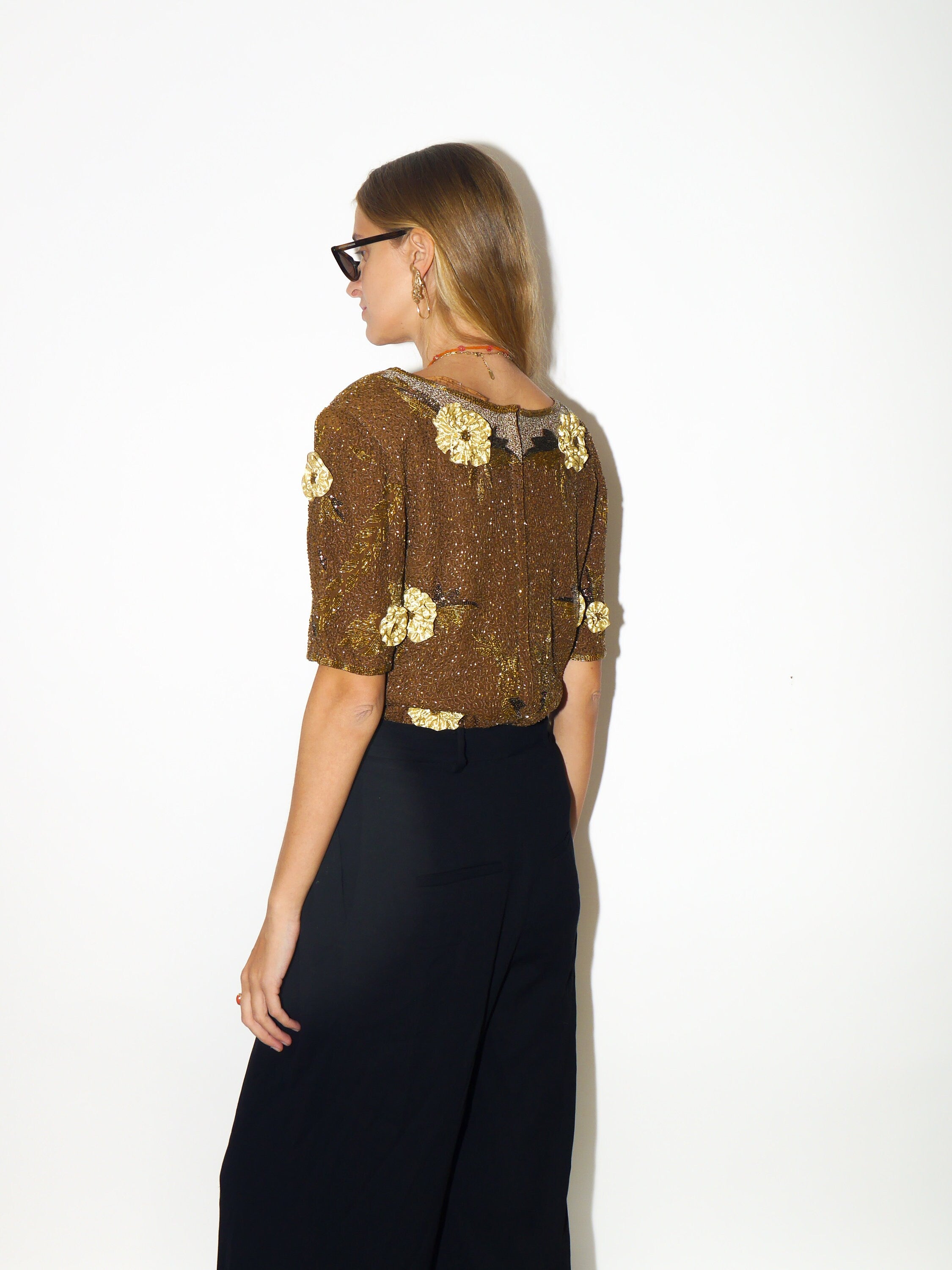 VINTAGE Silk top 1980s | Serenade vintage blouse | unique Silk blouse | retro Silk blouse | gold Silk top | vintage top with sequins