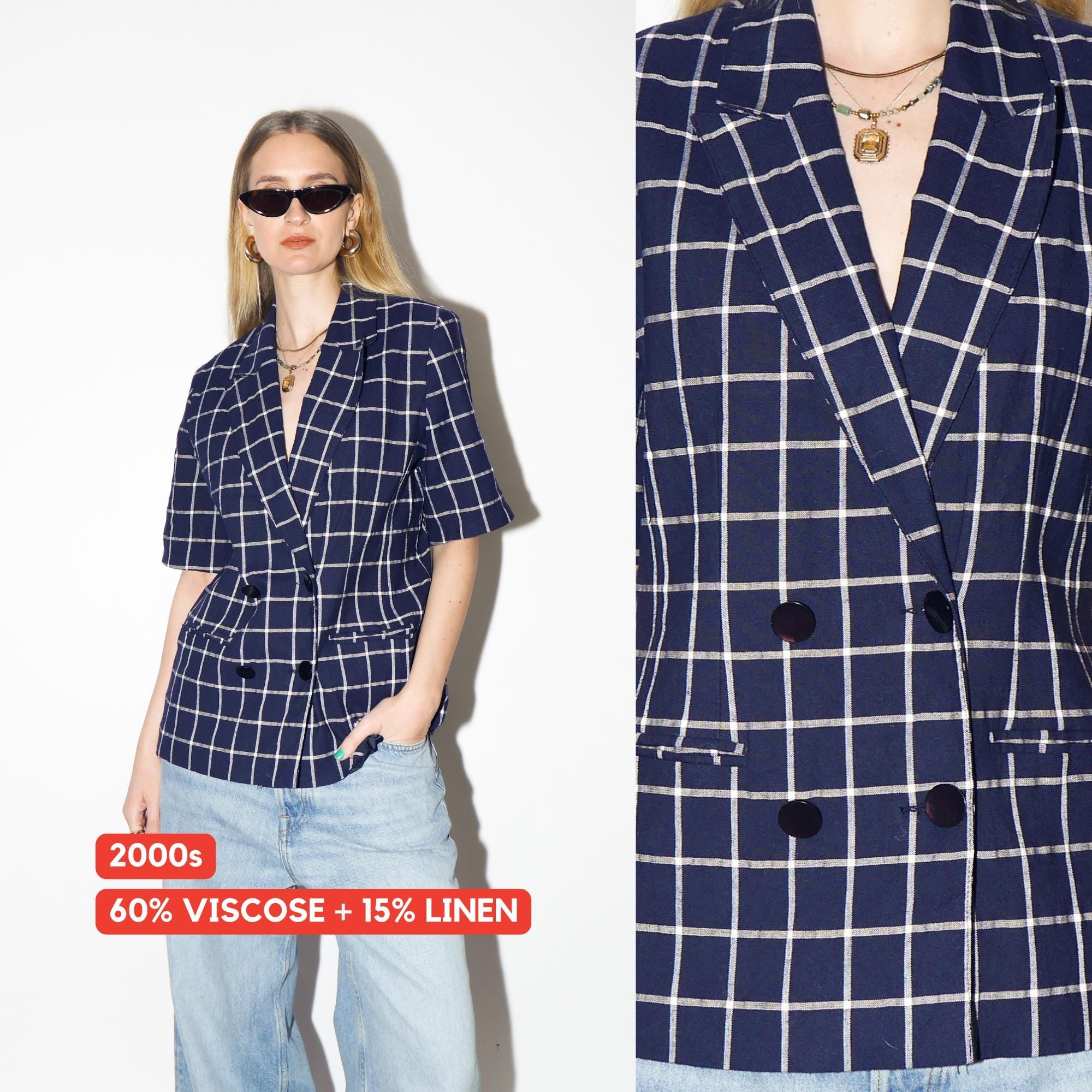 VINTAGE Navy Checked Short Sleeve Blazer from 1990s made of Viscose and Linen