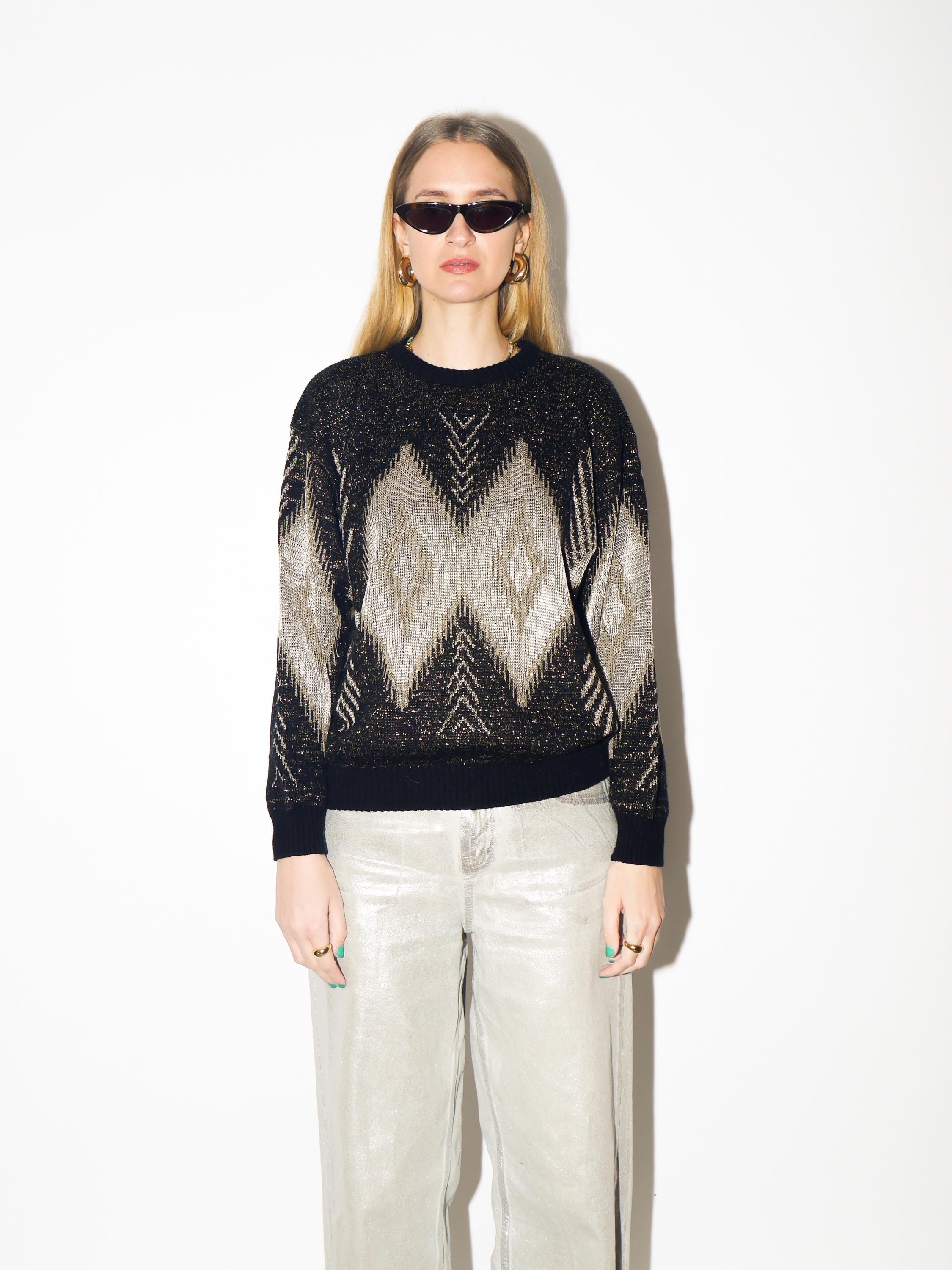 VINTAGE Black Metallic Cotton Sweater from 1980s | Gold & Silver Pullover