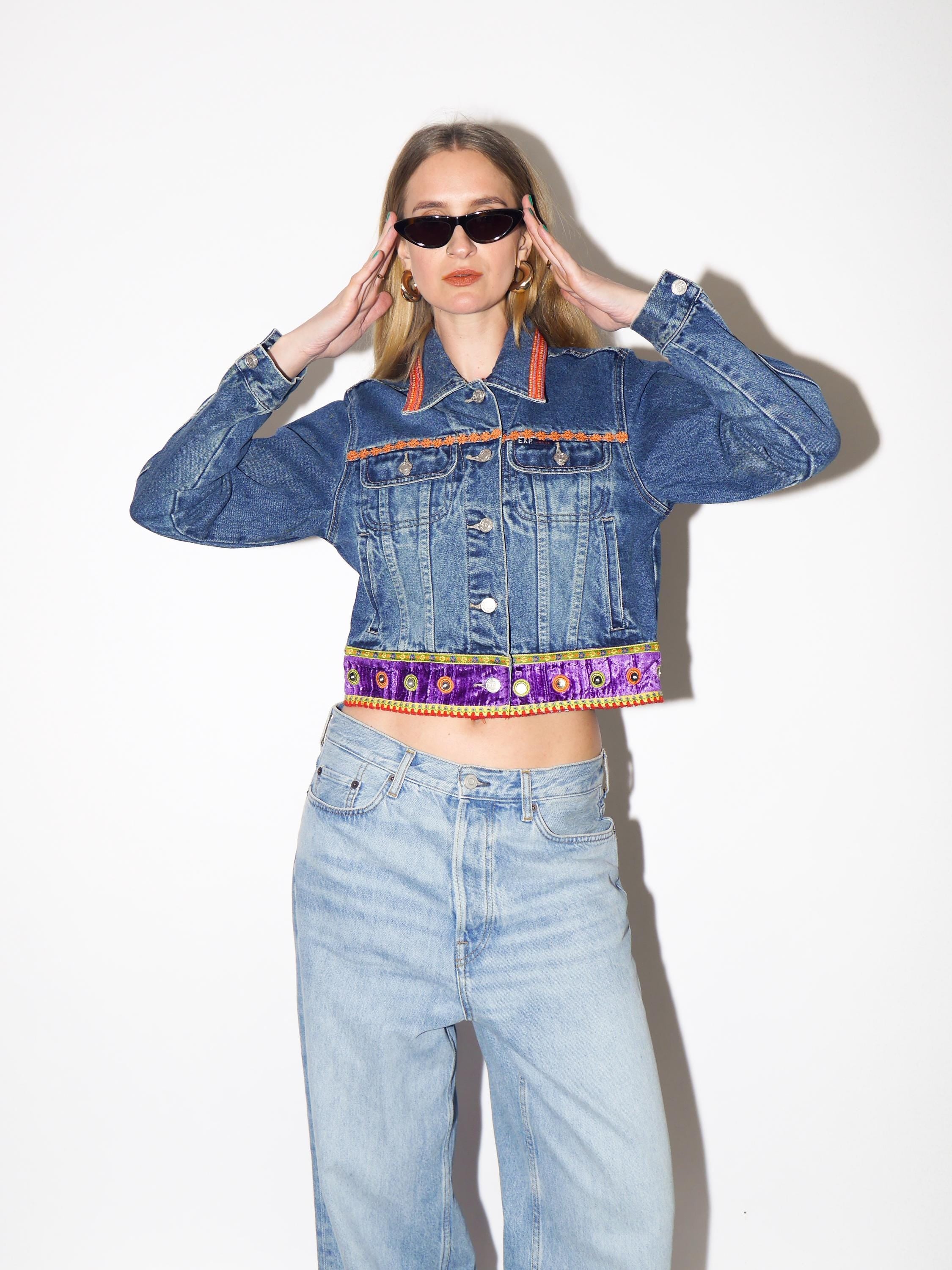 VINTAGE Cropped Jeans Jacket with Hippie Boho Elements from 1990s