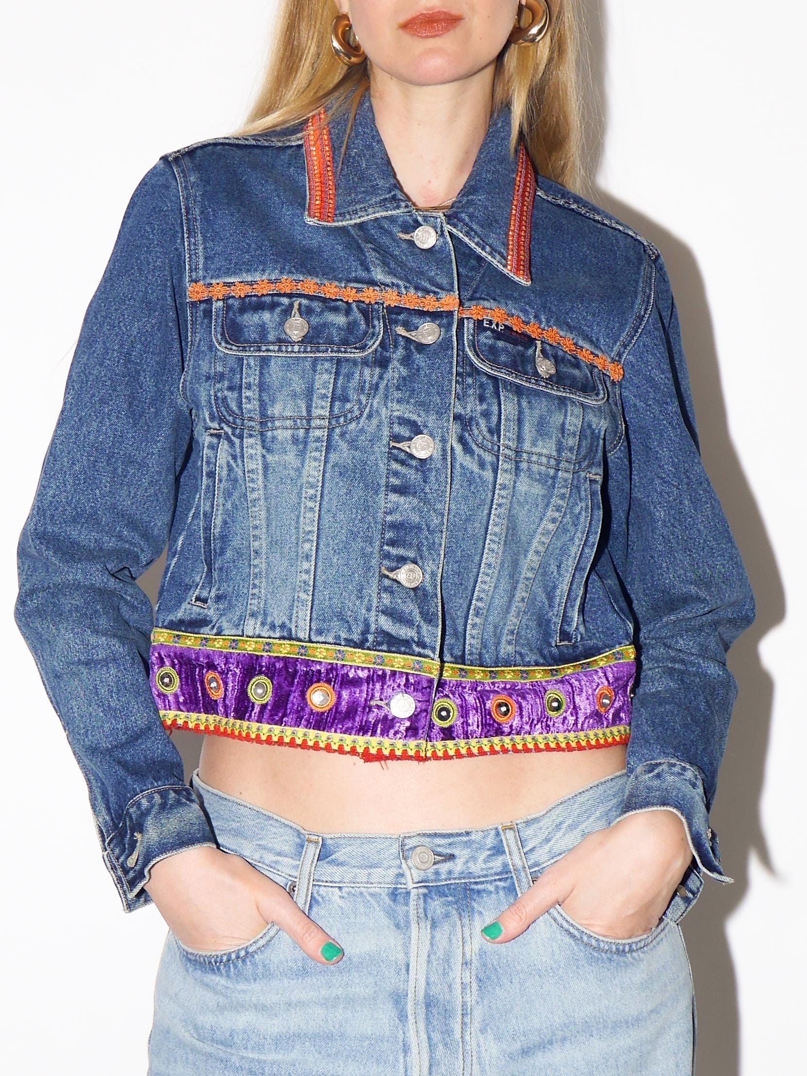 VINTAGE Cropped Jeans Jacket with Hippie Boho Elements from 1990s