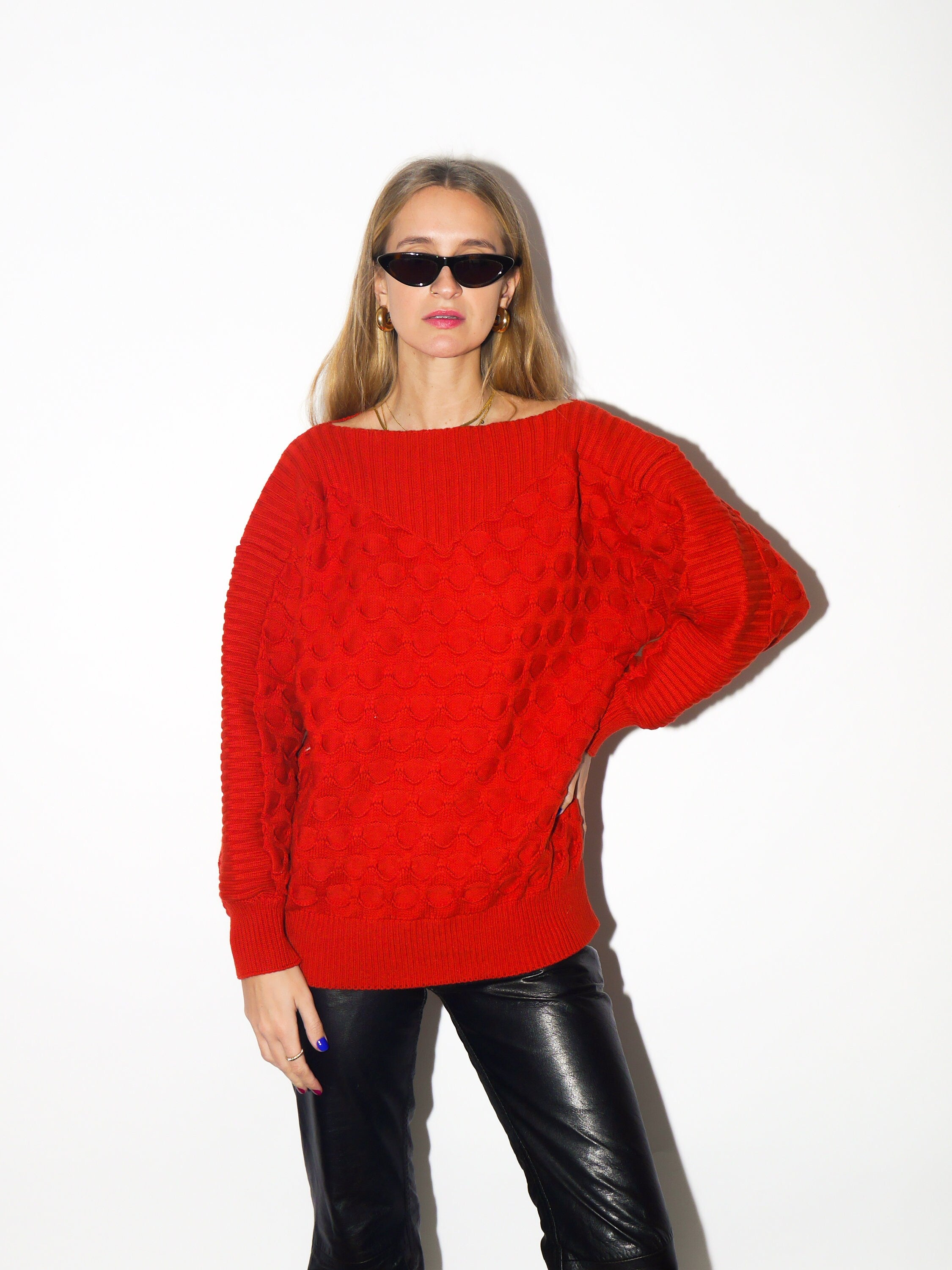 VINTAGE 50% wool sweater 1980s | Mondi oversized warm sweater | winter stylish sweater | red pullover sweater with boatneck