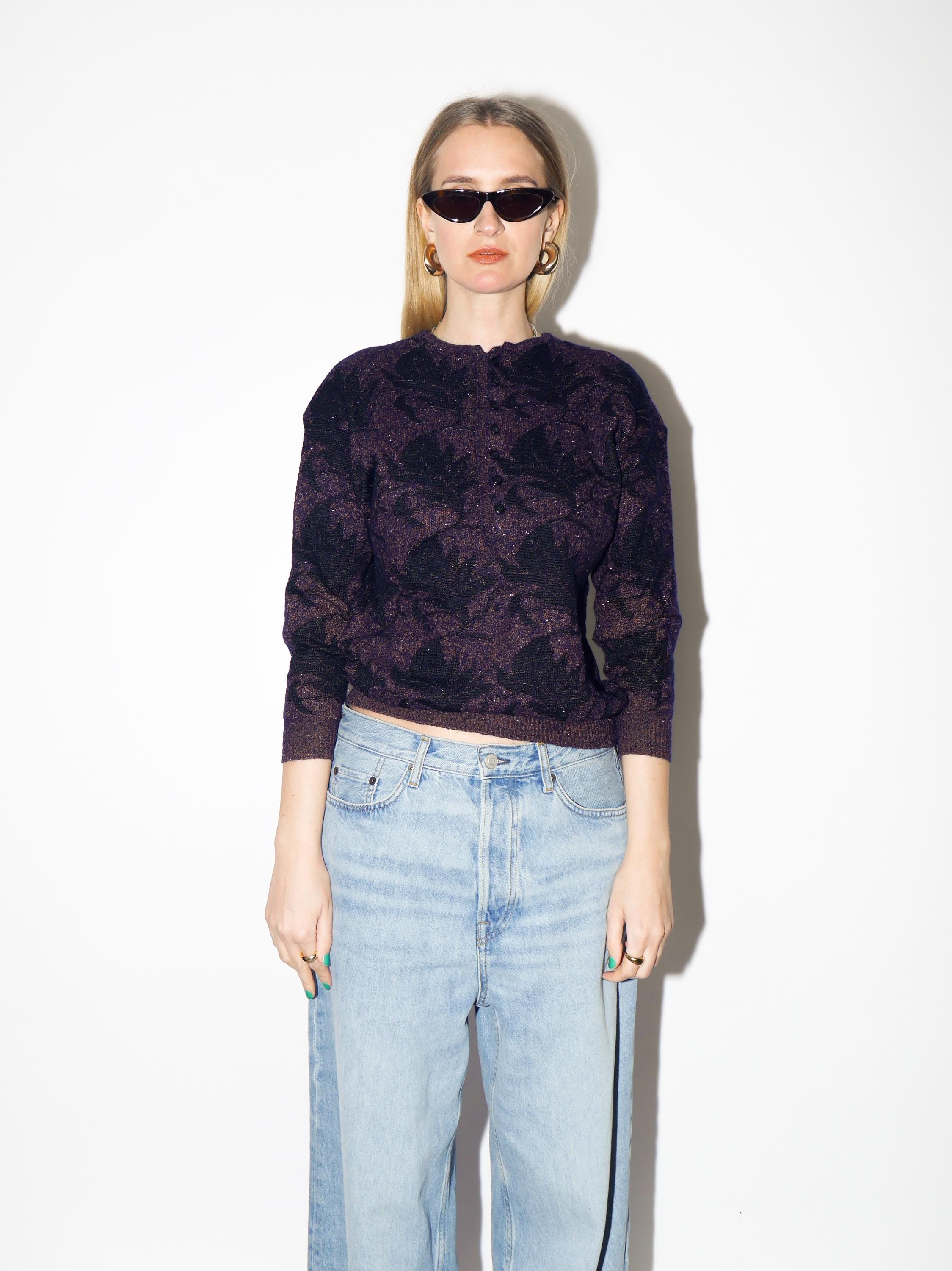 VINTAGE Purple Metallic Sweater from 1980s by Elegantina® in Floral Pattern