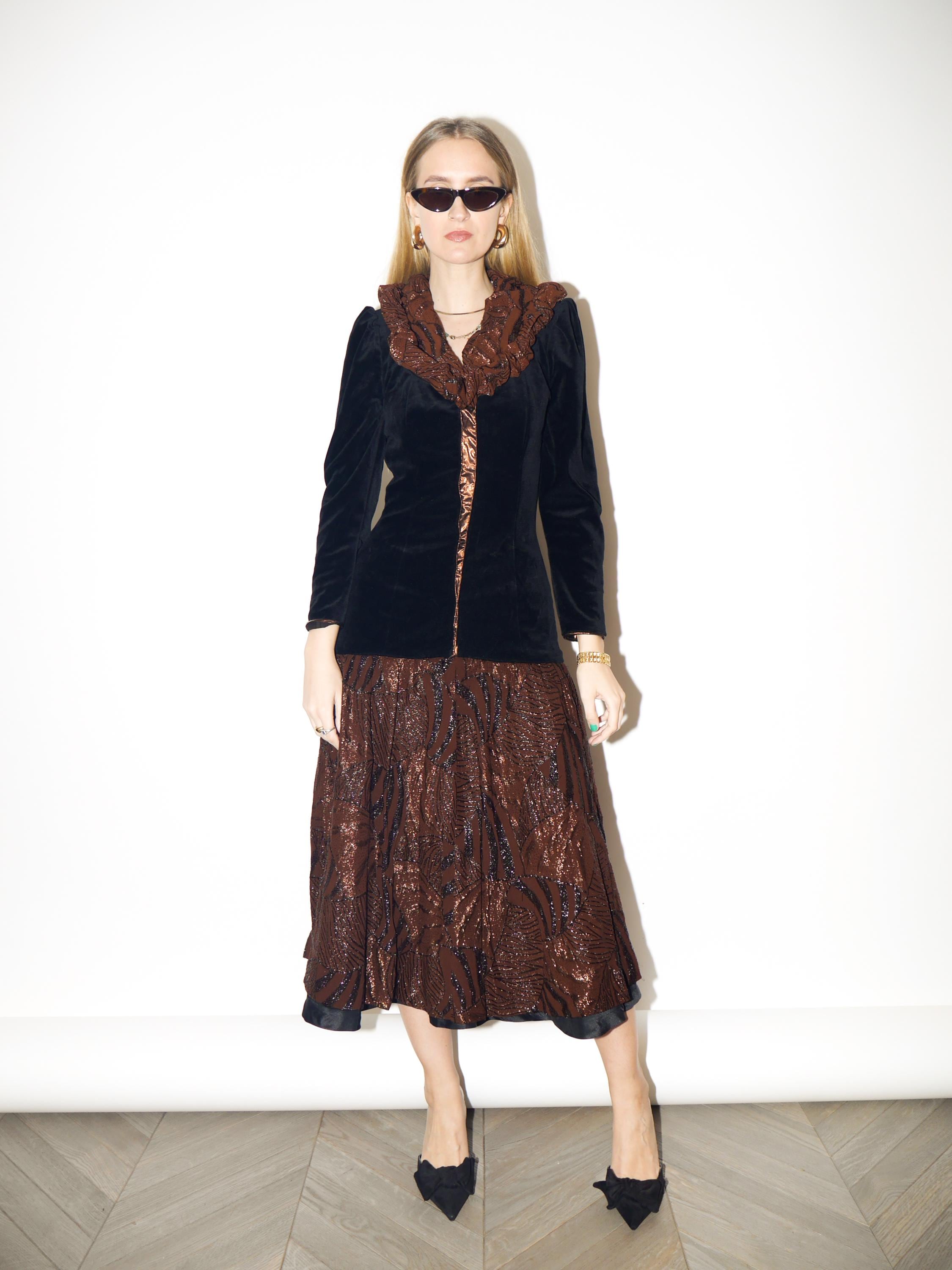 VINTAGE Evening Dress in Black Velvet from 1980s | Brown Midi Metallic Dress