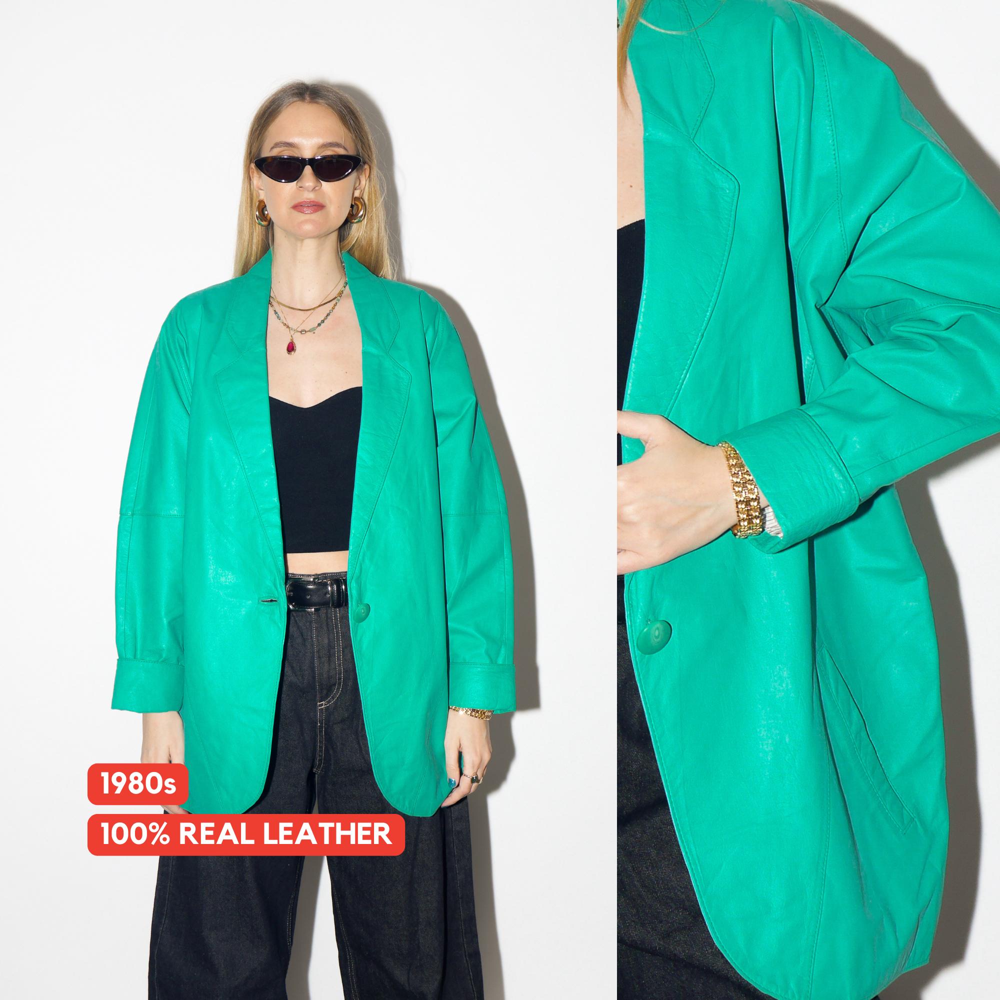 VINTAGE green leather jacket from 1980s, retro oversize green leather blazer