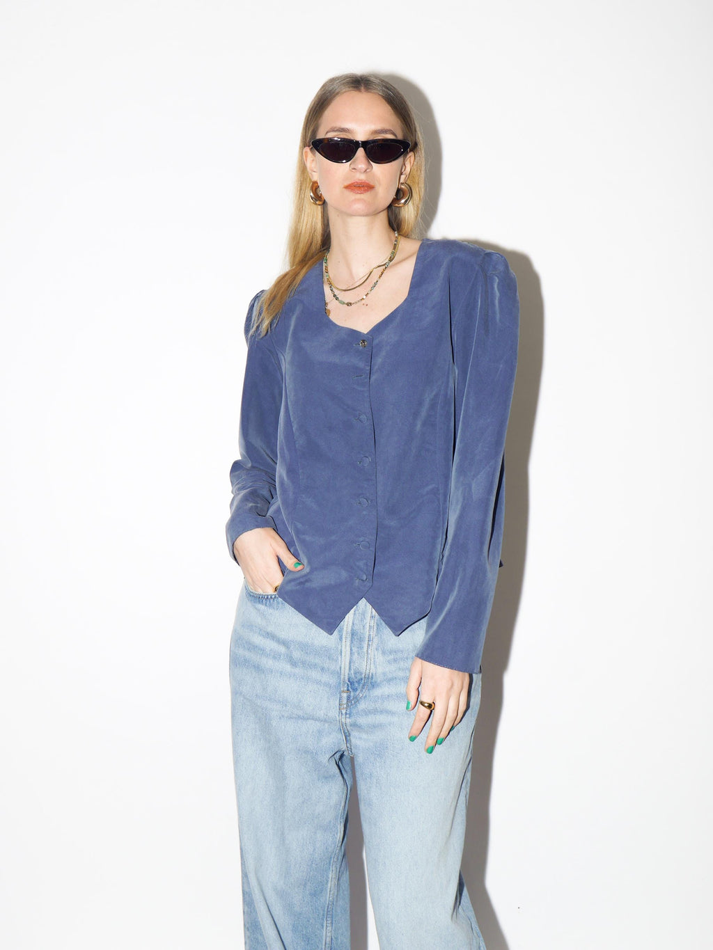 VINTAGE Blue Buttoned Blouse from 1980s with square neckline by Madame Rita®