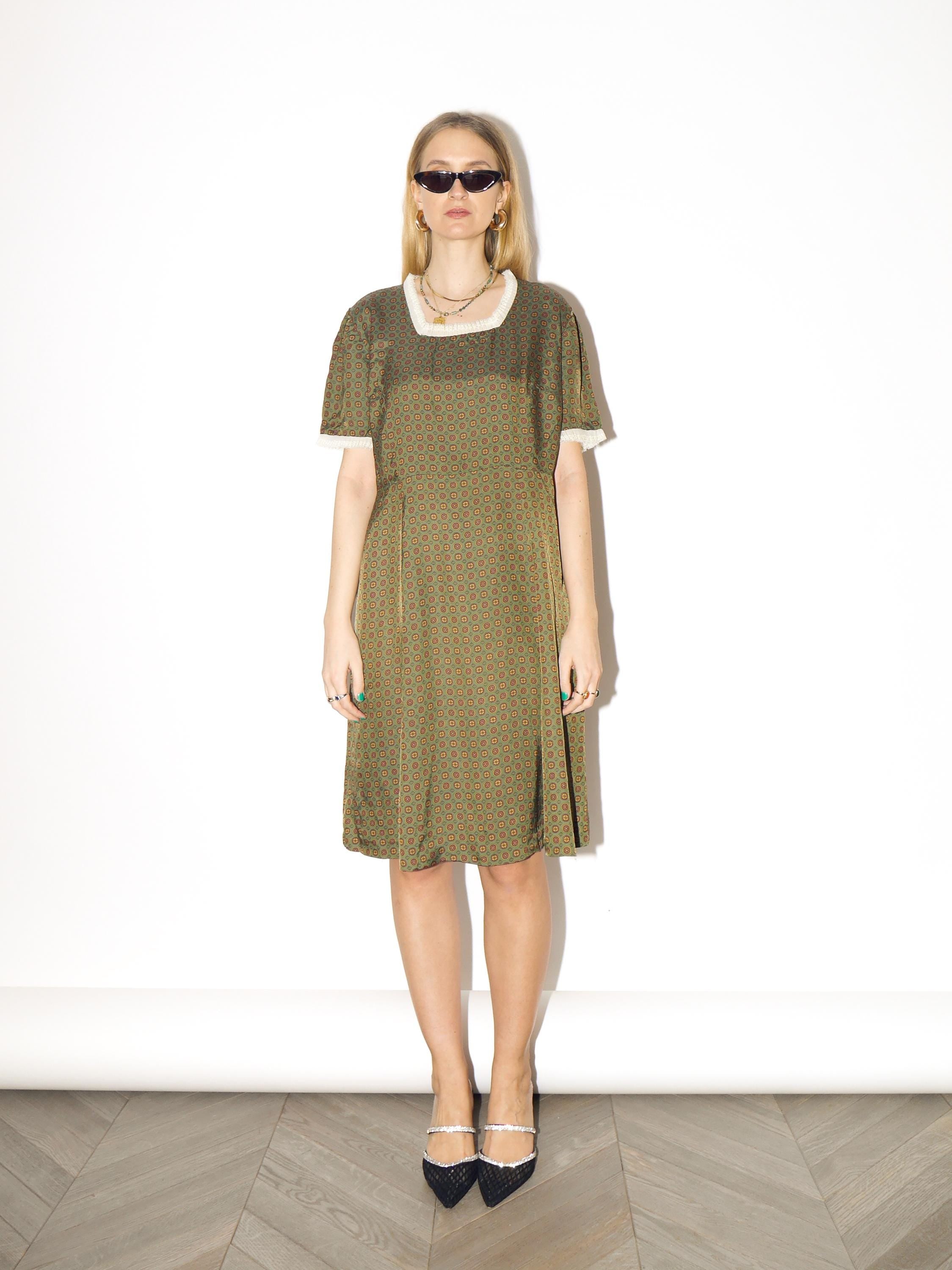 VINTAGE Green Knee-Length Dress from 1970s | Handmade Cream Lace Ruffles Dress