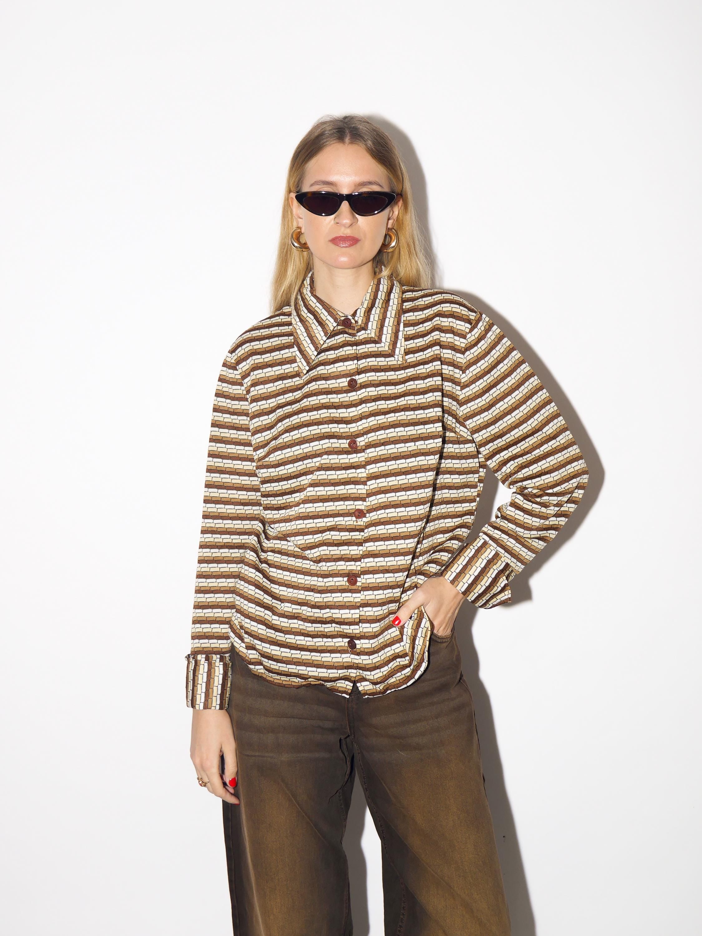 VINTAGE blouse from 1970s with statement collar in beige brown stripes by Apart®