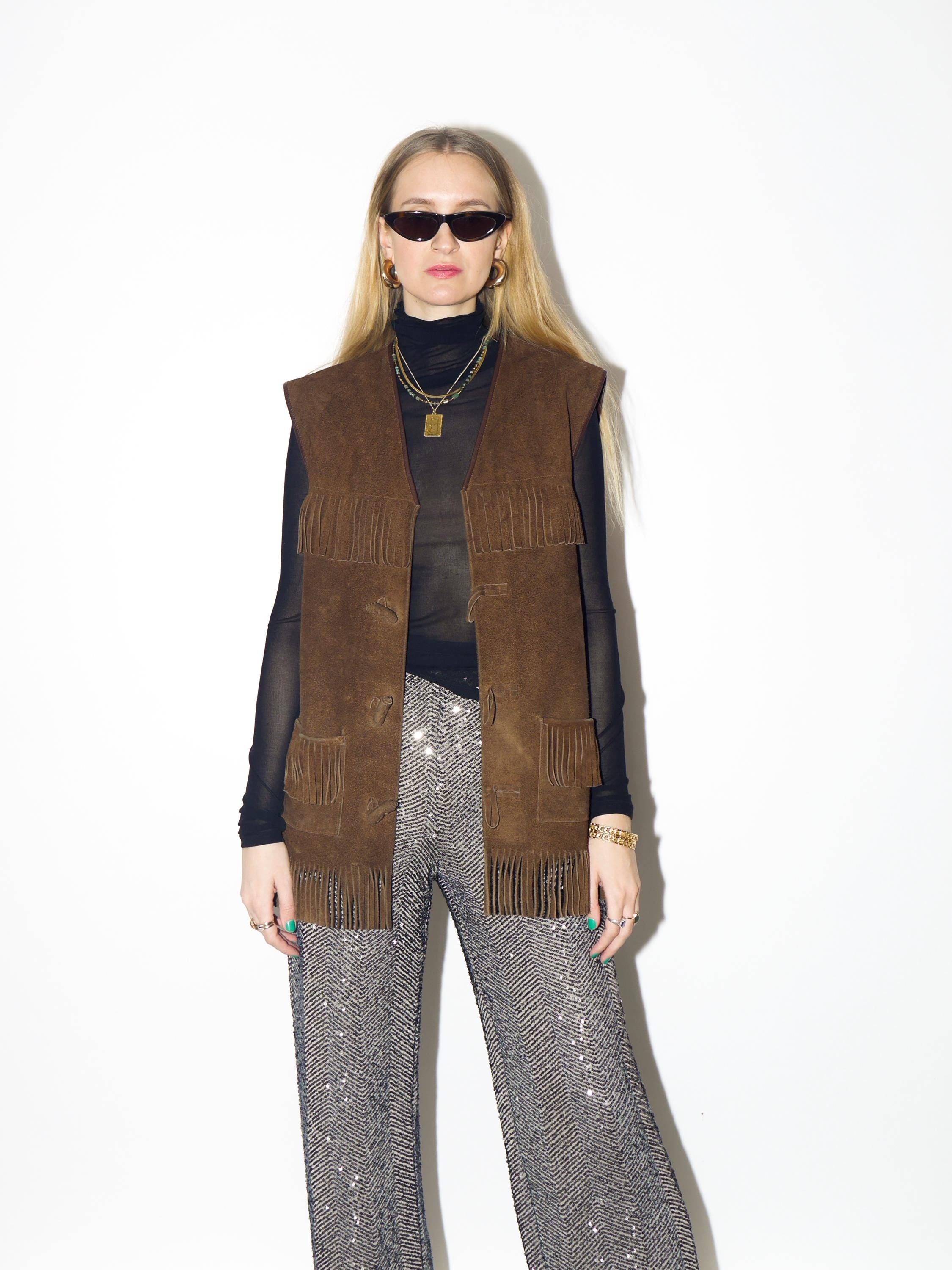 VINTAGE brown suede vest from 1980s | oversize vintage fringe suede waistcoat