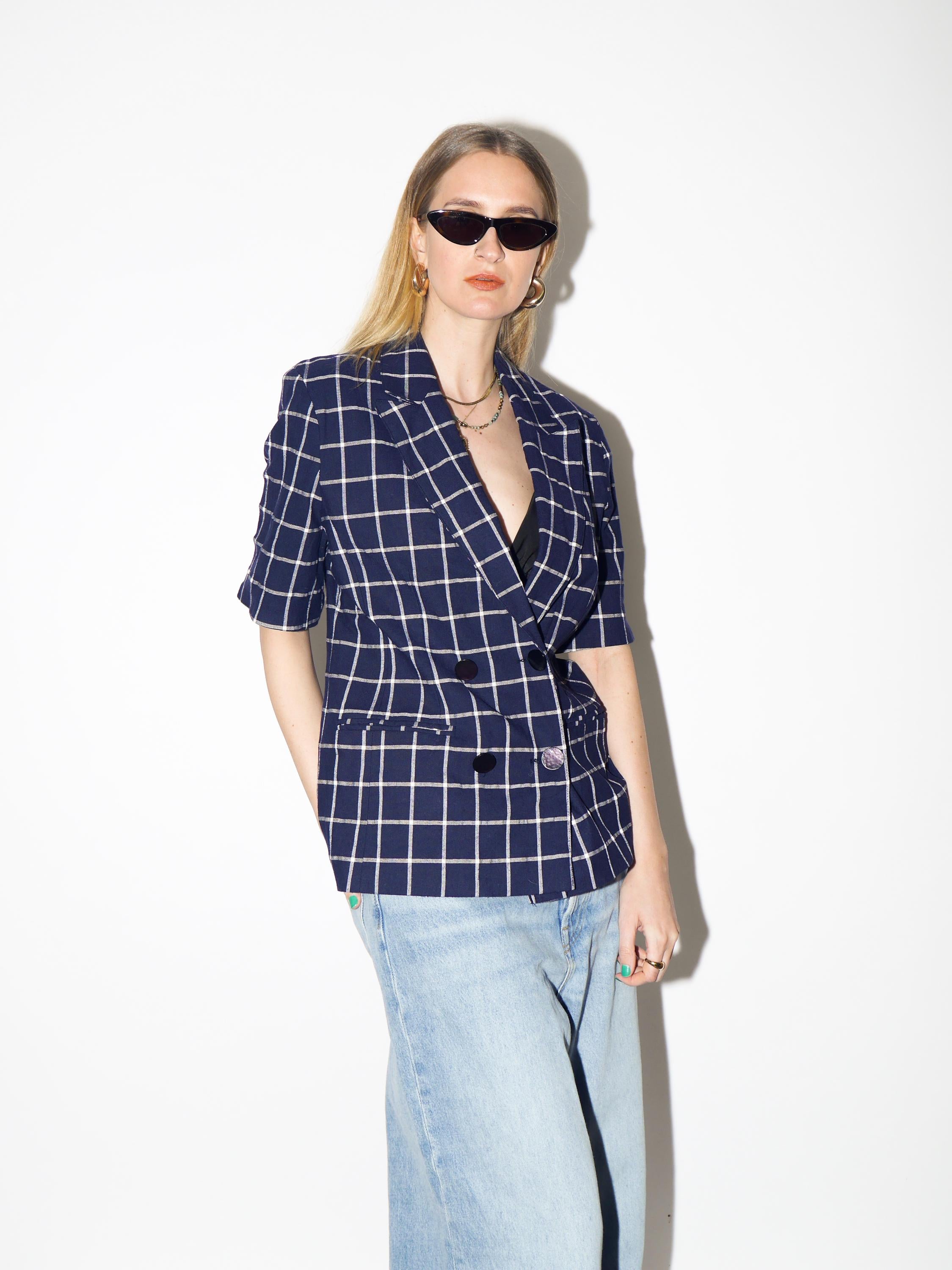 VINTAGE Navy Checked Short Sleeve Blazer from 1990s made of Viscose and Linen