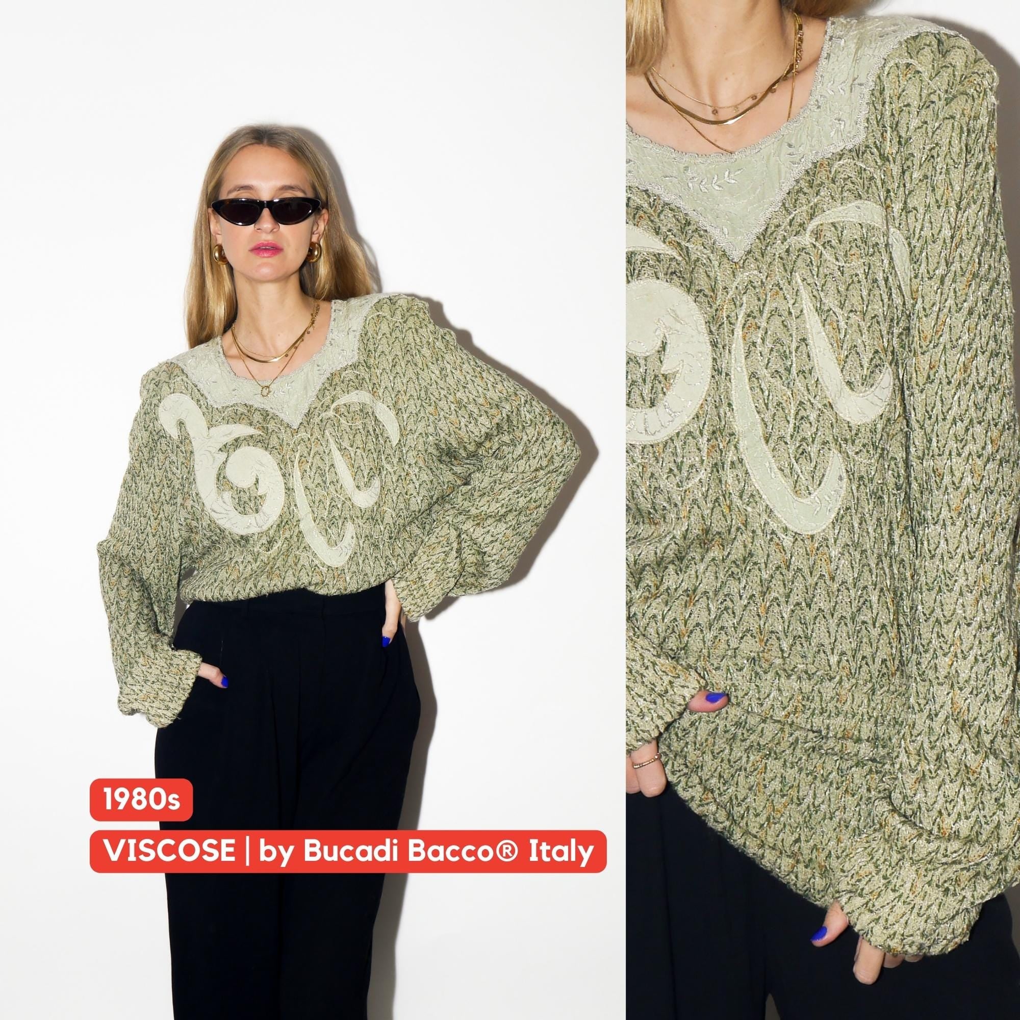 VINTAGE premium viscose sweater from 1980s in metallic green by Bucadi Bacco®