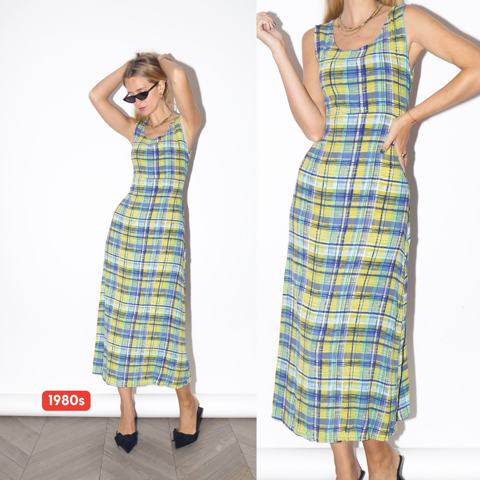VINTAGE yellow/blue/green checkered dress made from structured elastic material by Blu the blu® from 1980s | retro long dress with back zip