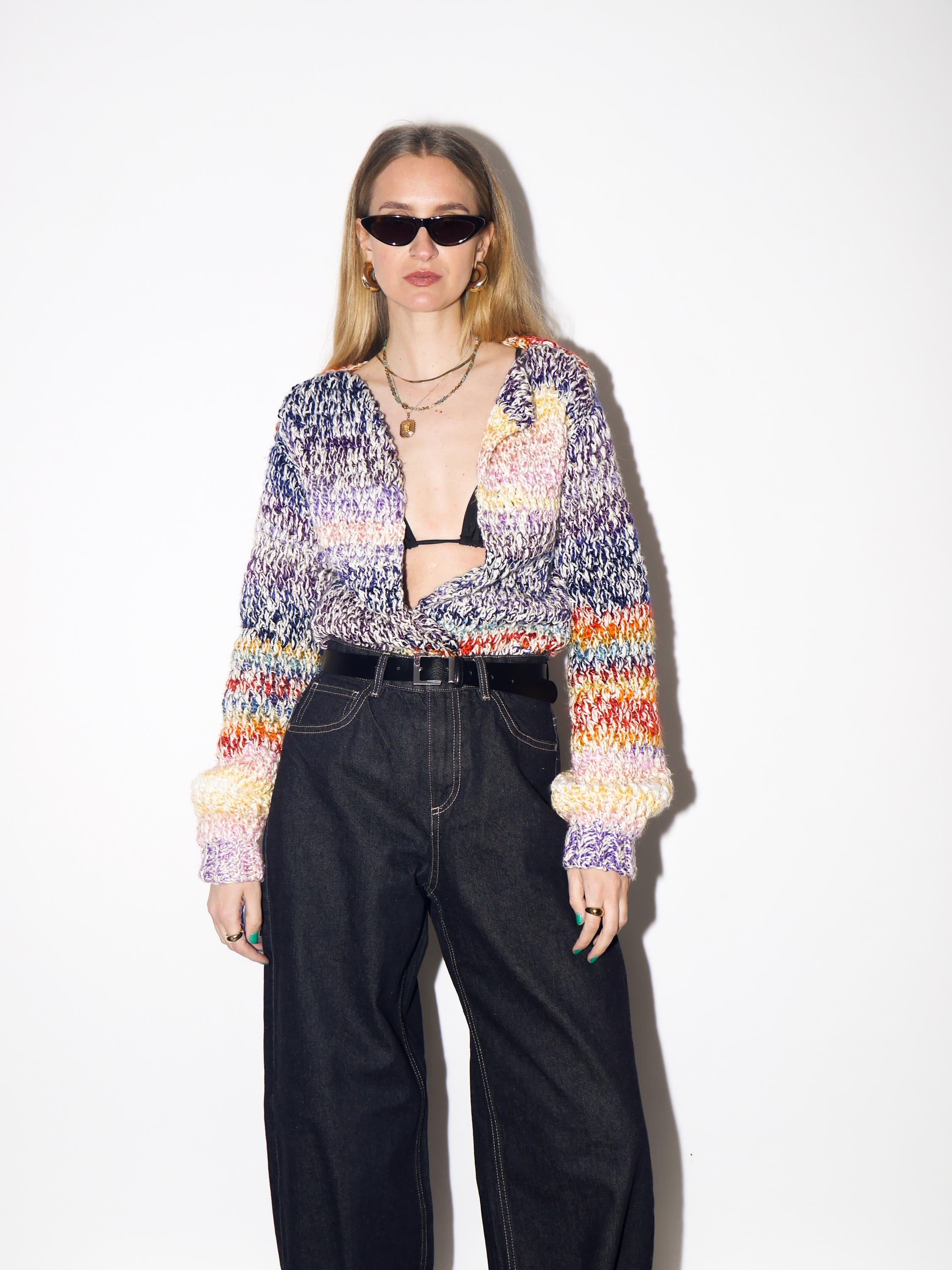 VINTAGE Rainbow Chunky Sweater from 1990s | Handmade Knitted Cardigan