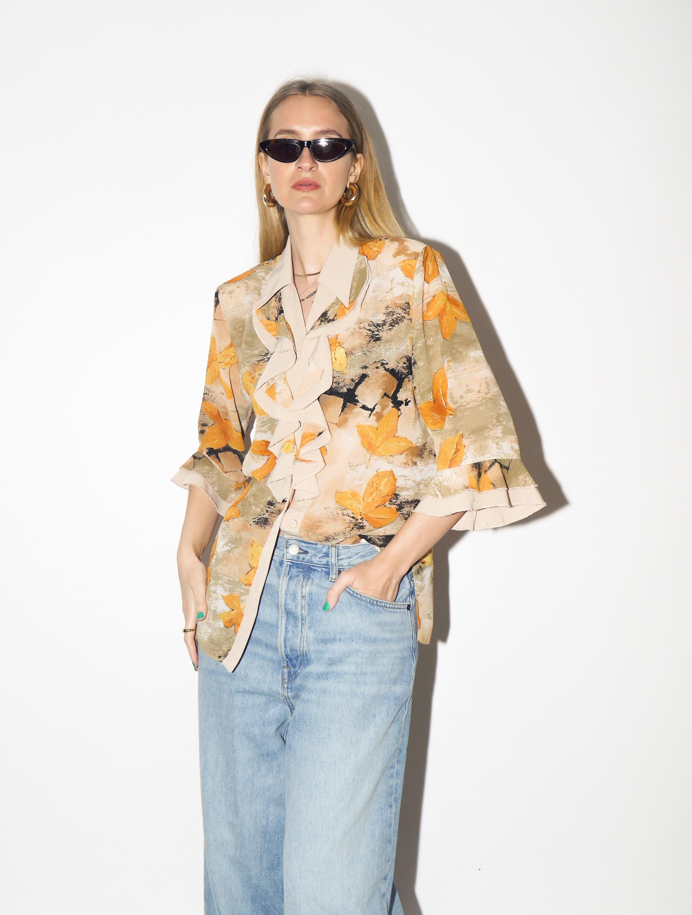 VINTAGE Beige & Yellow Leaf Print Blouse from 1980s | Retro Jabot Shirt by Izabel®