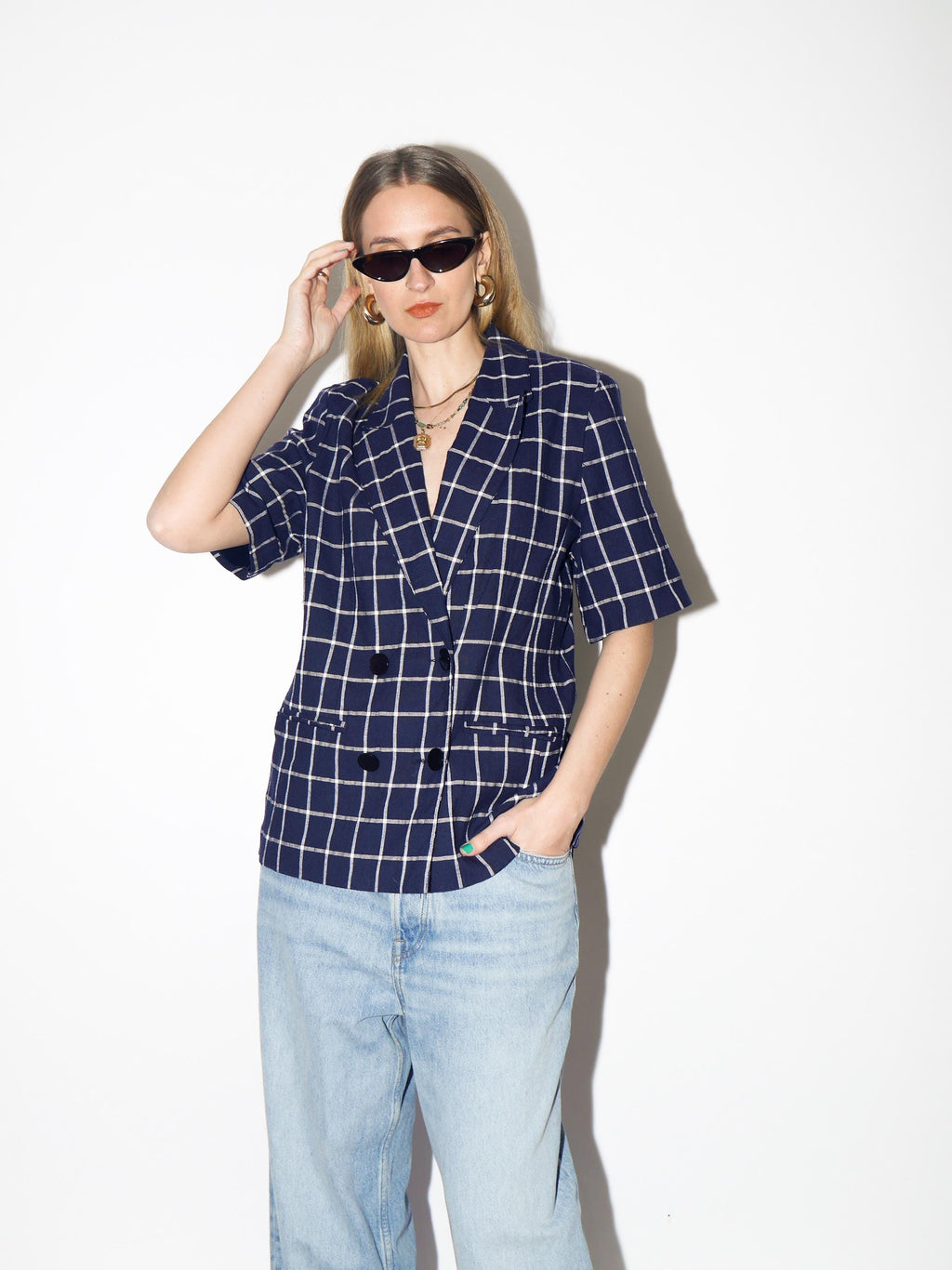 VINTAGE Navy Checked Short Sleeve Blazer from 1990s made of Viscose and Linen