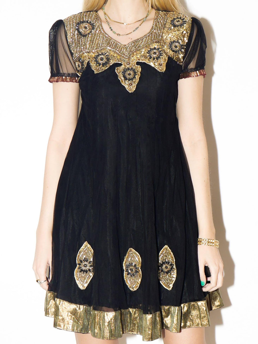VINTAGE Black Tulle Mini Dress with Gold Embroidery | vintage Preet Collection®