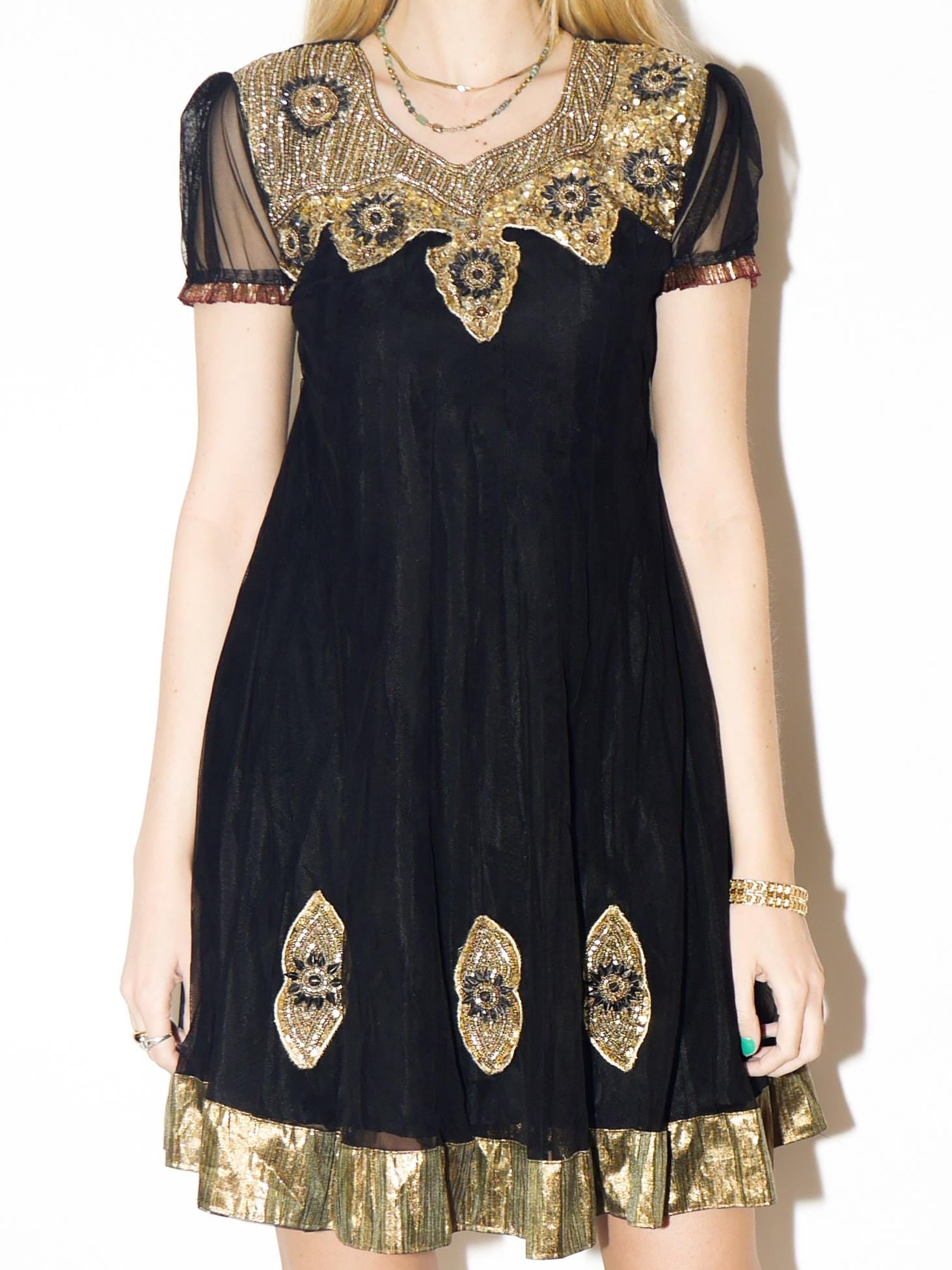 VINTAGE Black Tulle Mini Dress with Gold Embroidery | vintage Preet Collection®