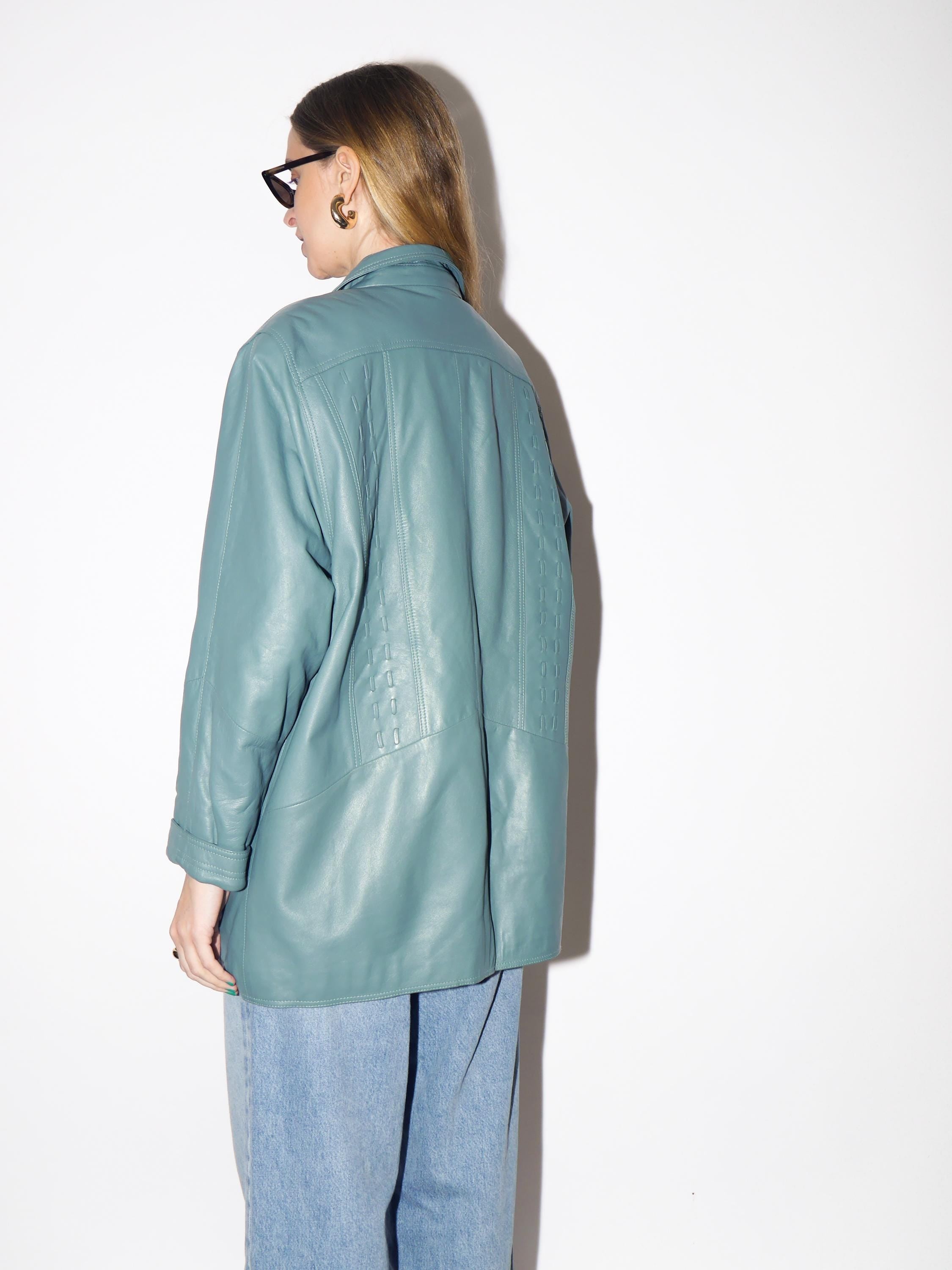 VINTAGE Blue Leather Jacket from 1990s | Oversize Blue Leather Jacket