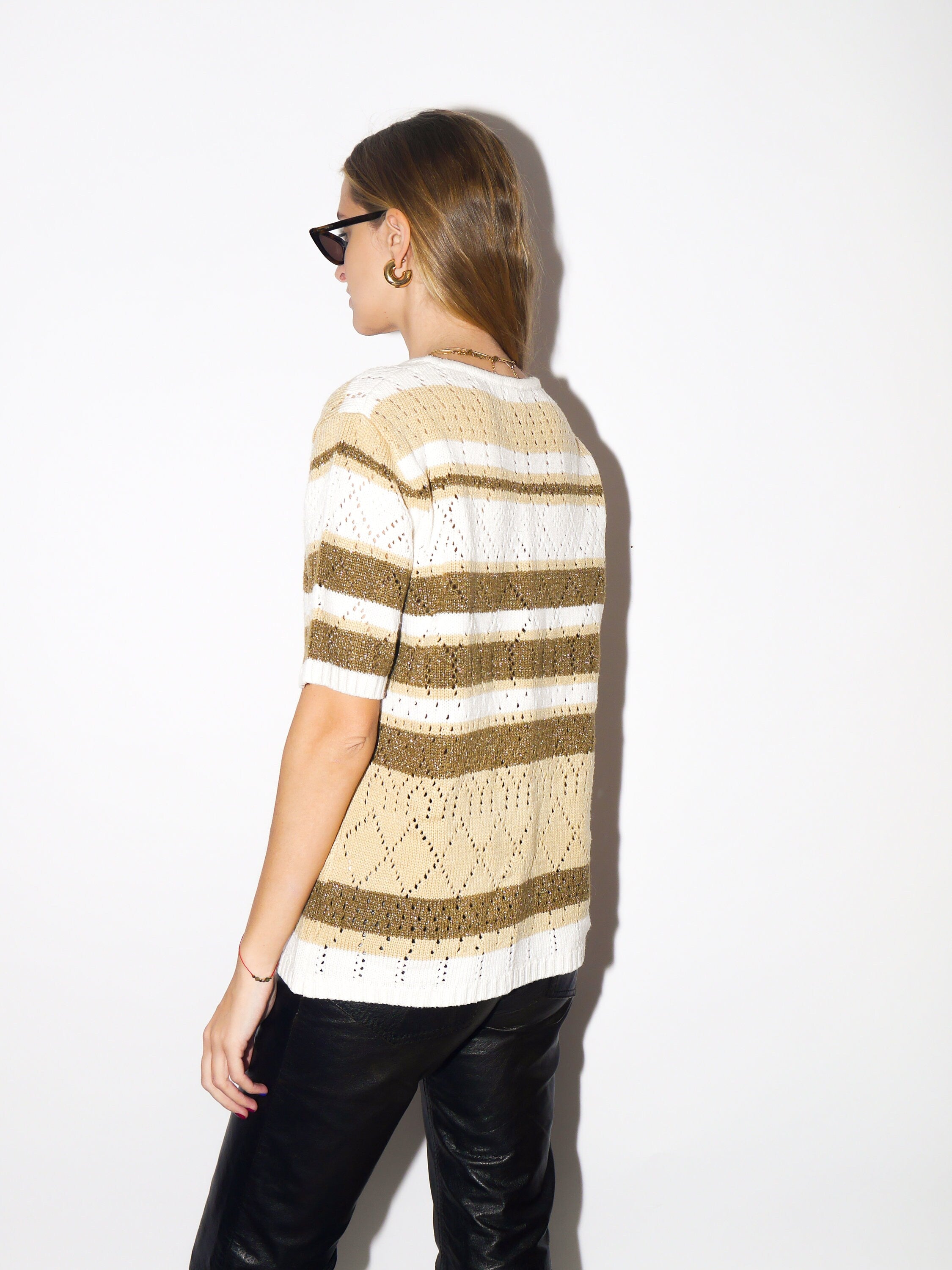 VINTAGE metallic sweater 1990s | short sleeve oversized cream and beige sweater | metallic thread stylish sweater | pullover with stripes