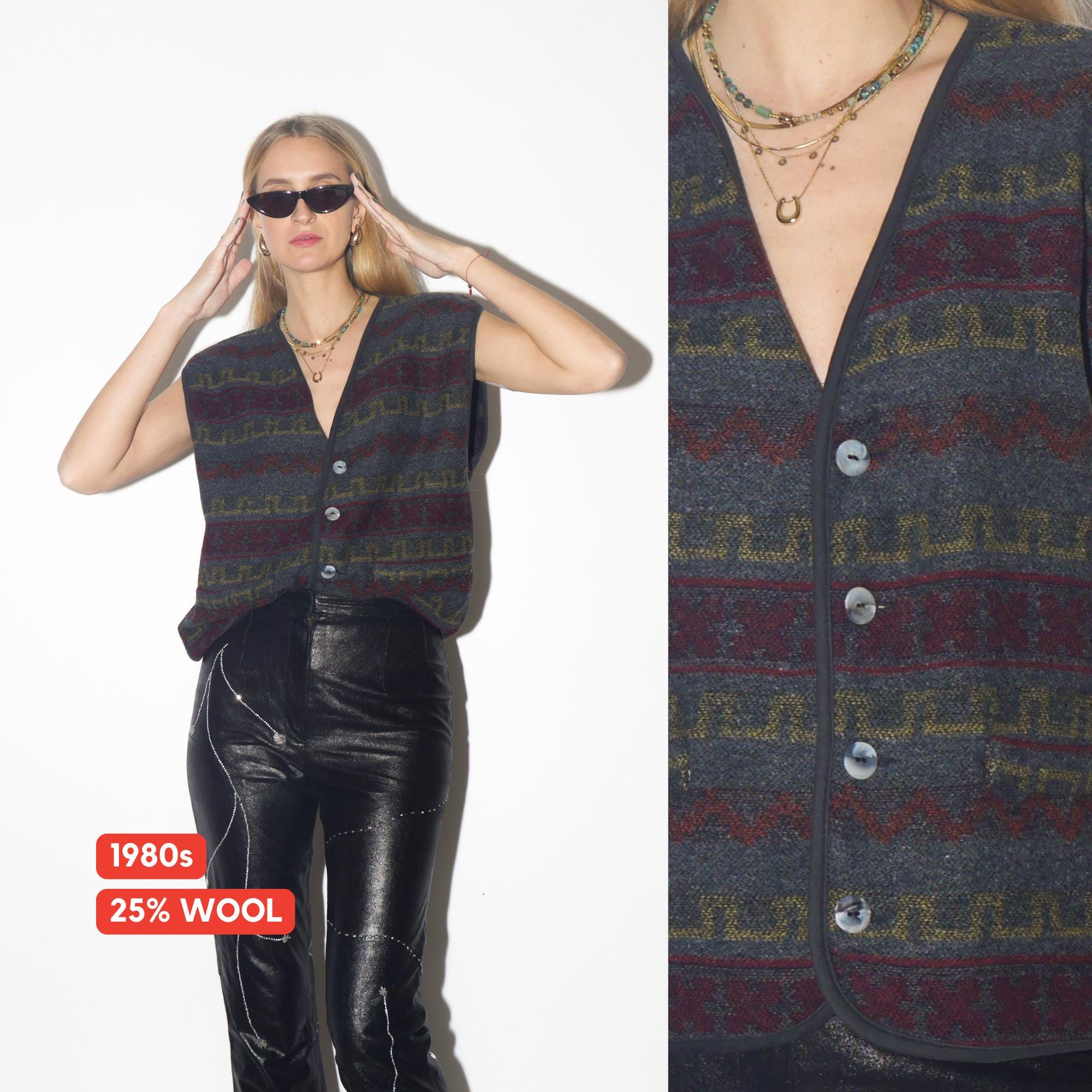VINTAGE wool grey vest from 1980s in red & yellow | vintage oversize waistcoat