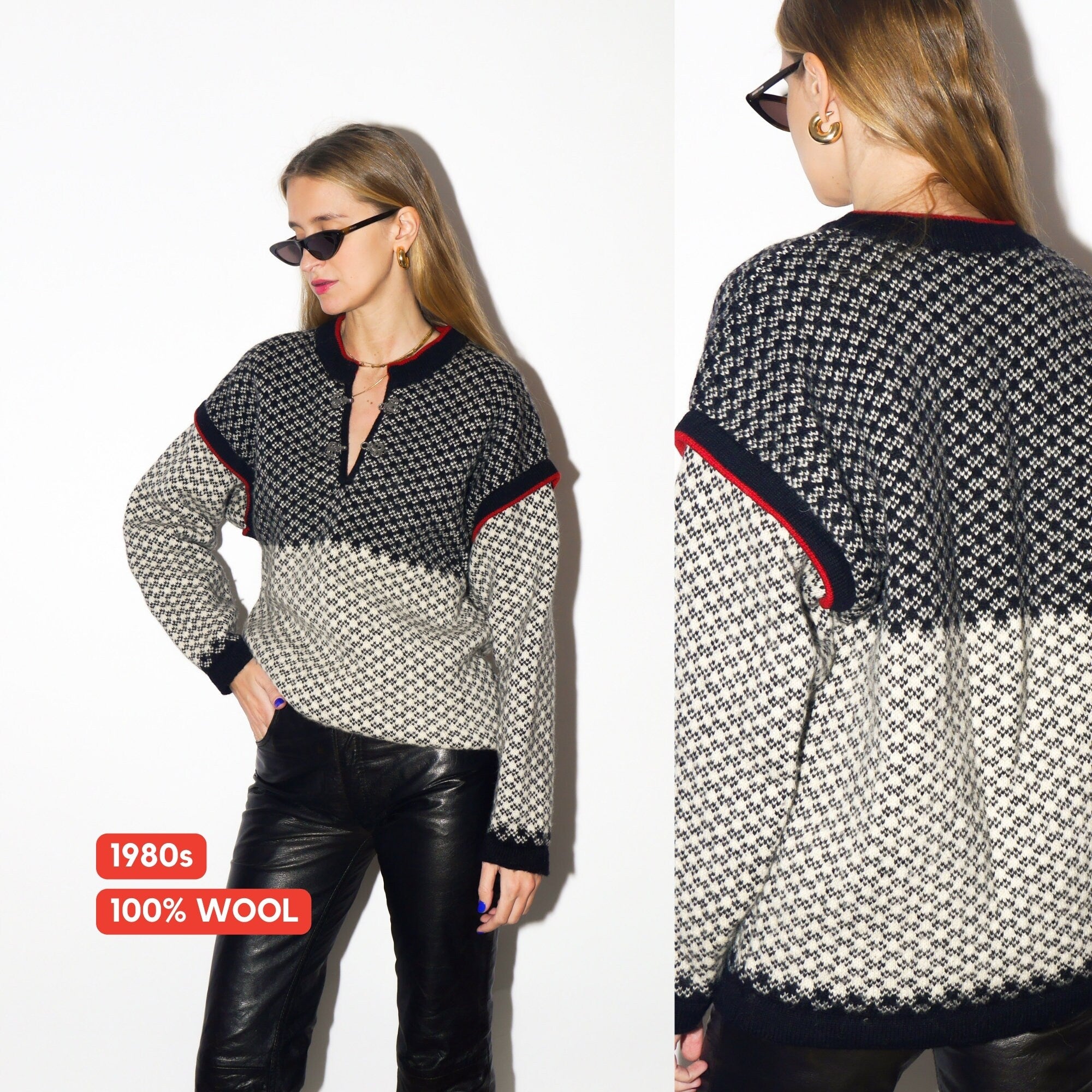 VINTAGE 100% wool sweater 1980s | Skjaeveland of Norway oversized warm sweater | winter stylish sweater | black and white pullover