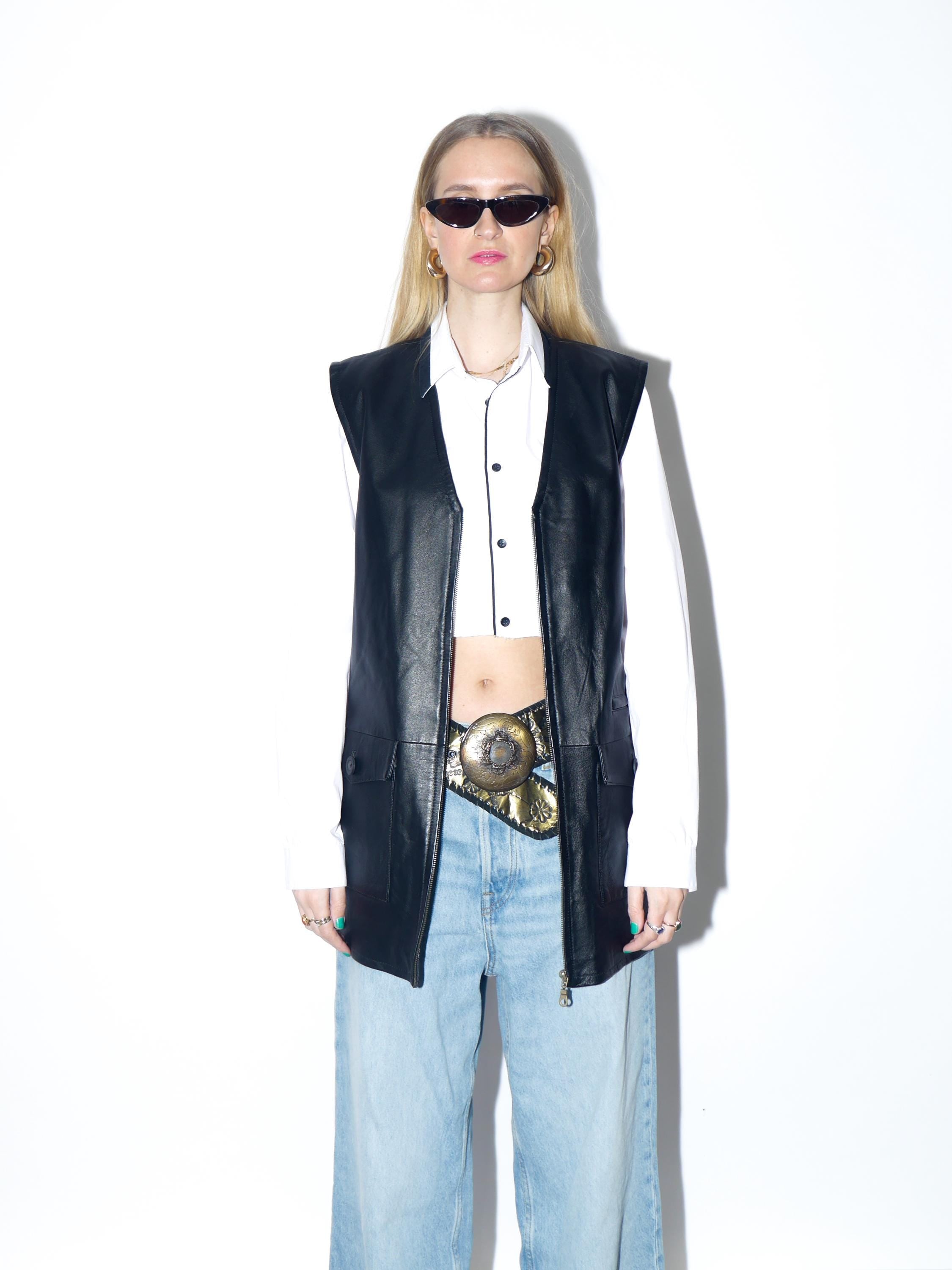 VINTAGE black leather vest from the 1990s | oversize black leather waistcoat