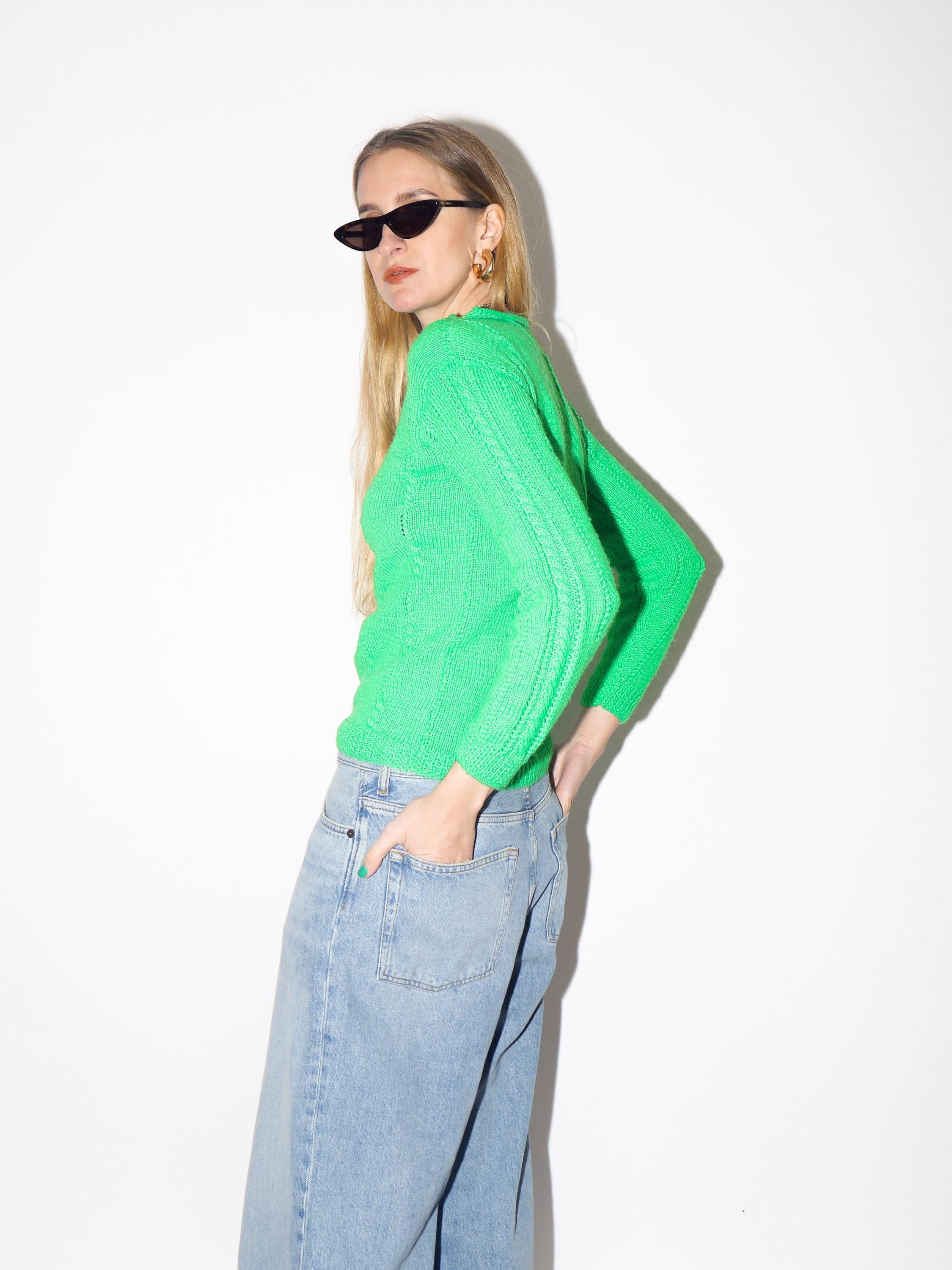 VINTAGE Neon Green Hand Knitted Sweater from 1990s |  Handmade Sweater