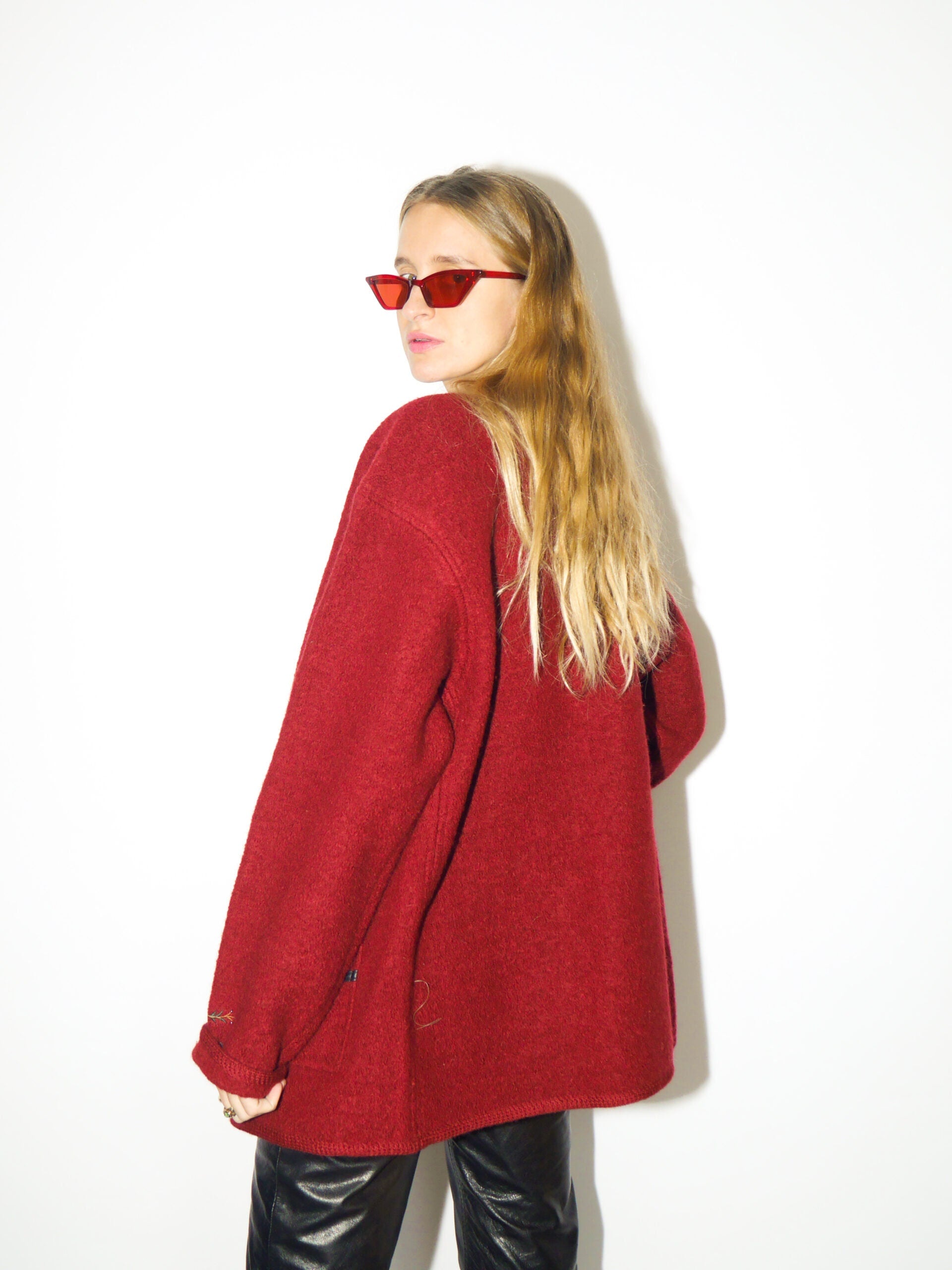 VINTAGE Wool Red Cardigan from 1980s | Warm Folk Burgundy Oversize Sweater