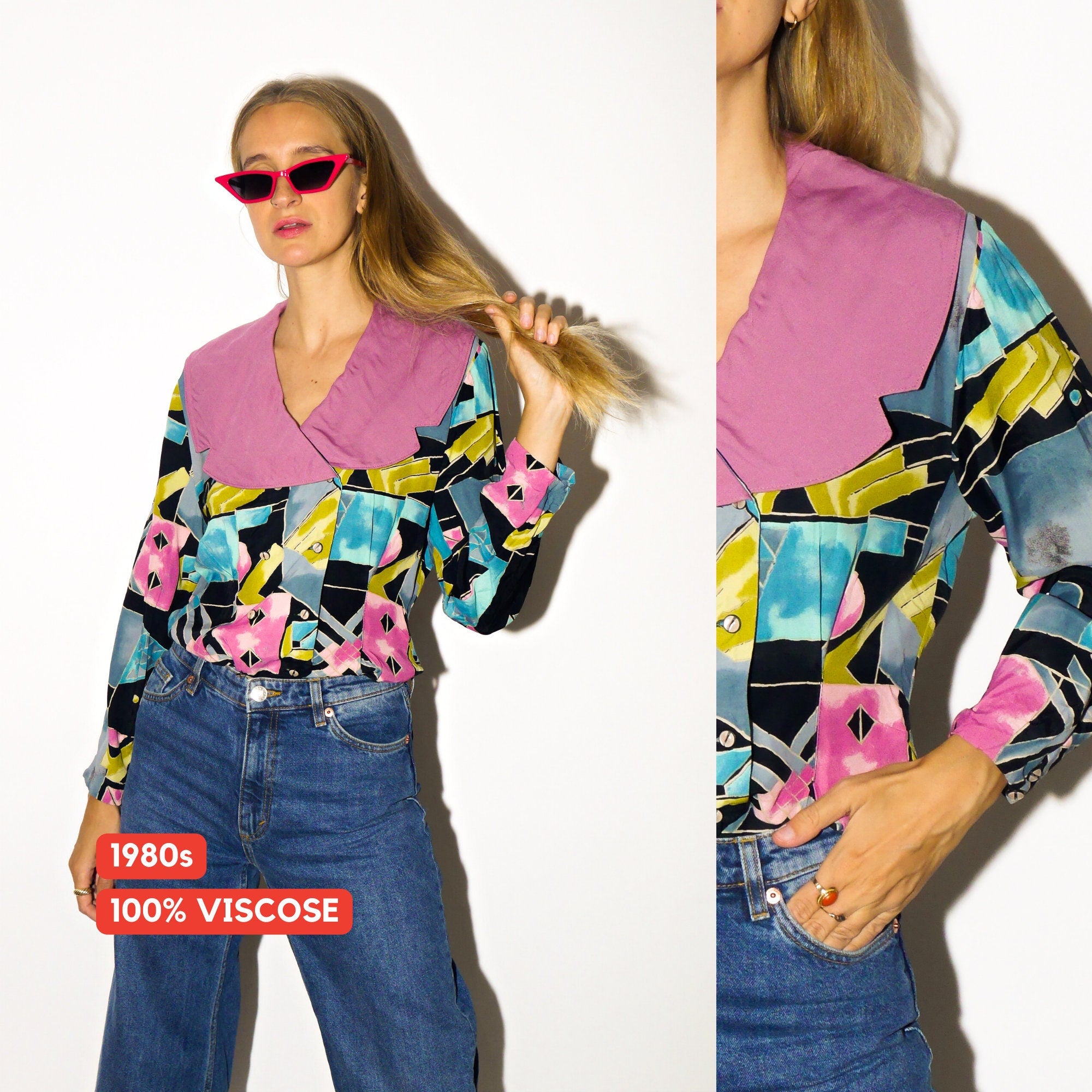 VINTAGE viscose blouse from 1980s | retro black, purple, green, blue abstract print double-breasted buttoned blouse by Kulbach®