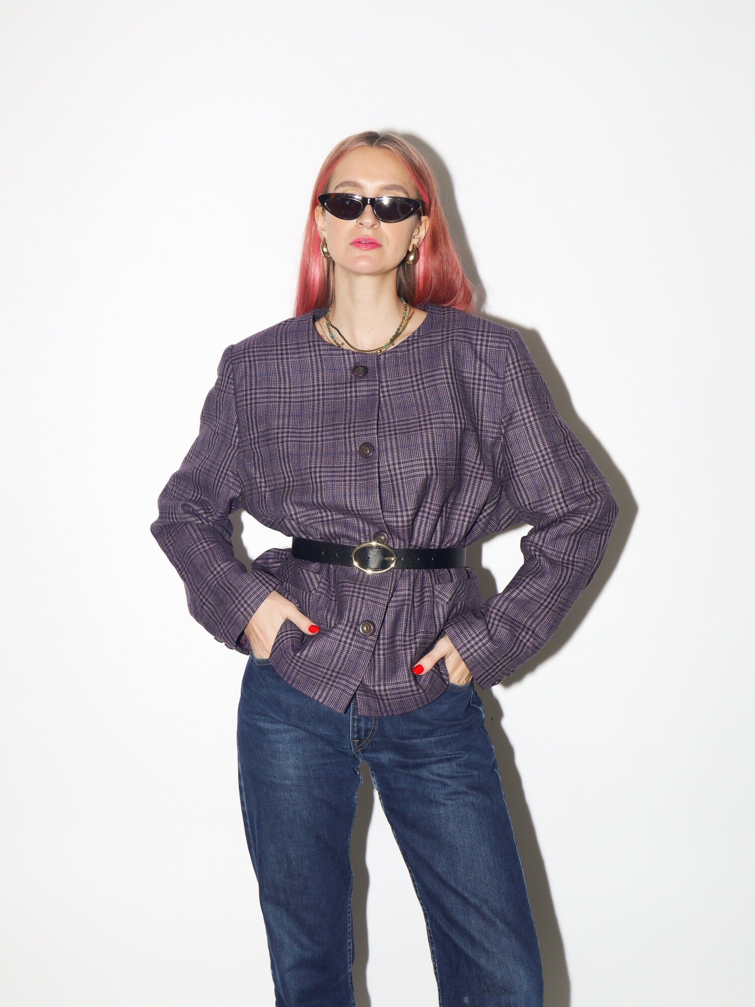 VINTAGE 100% pure new wool blazer 1980s by Equorian Heritage | purple pure new wool blazer | checkered vintage wool blazed