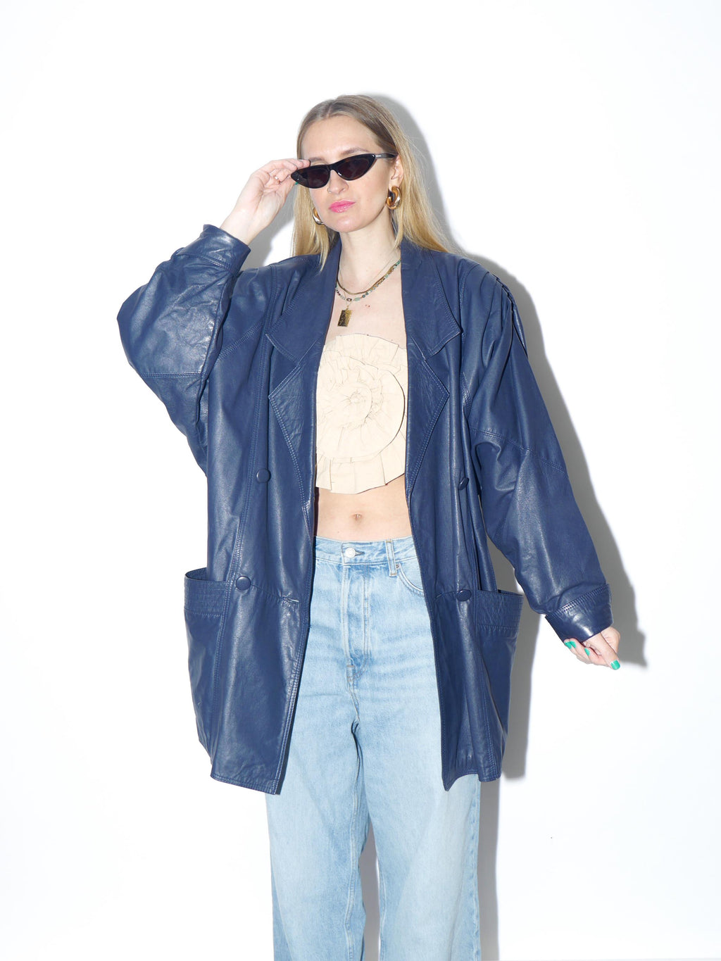 VINTAGE navy blue leather jacket from the 1980s by Renoma® in oversize fit