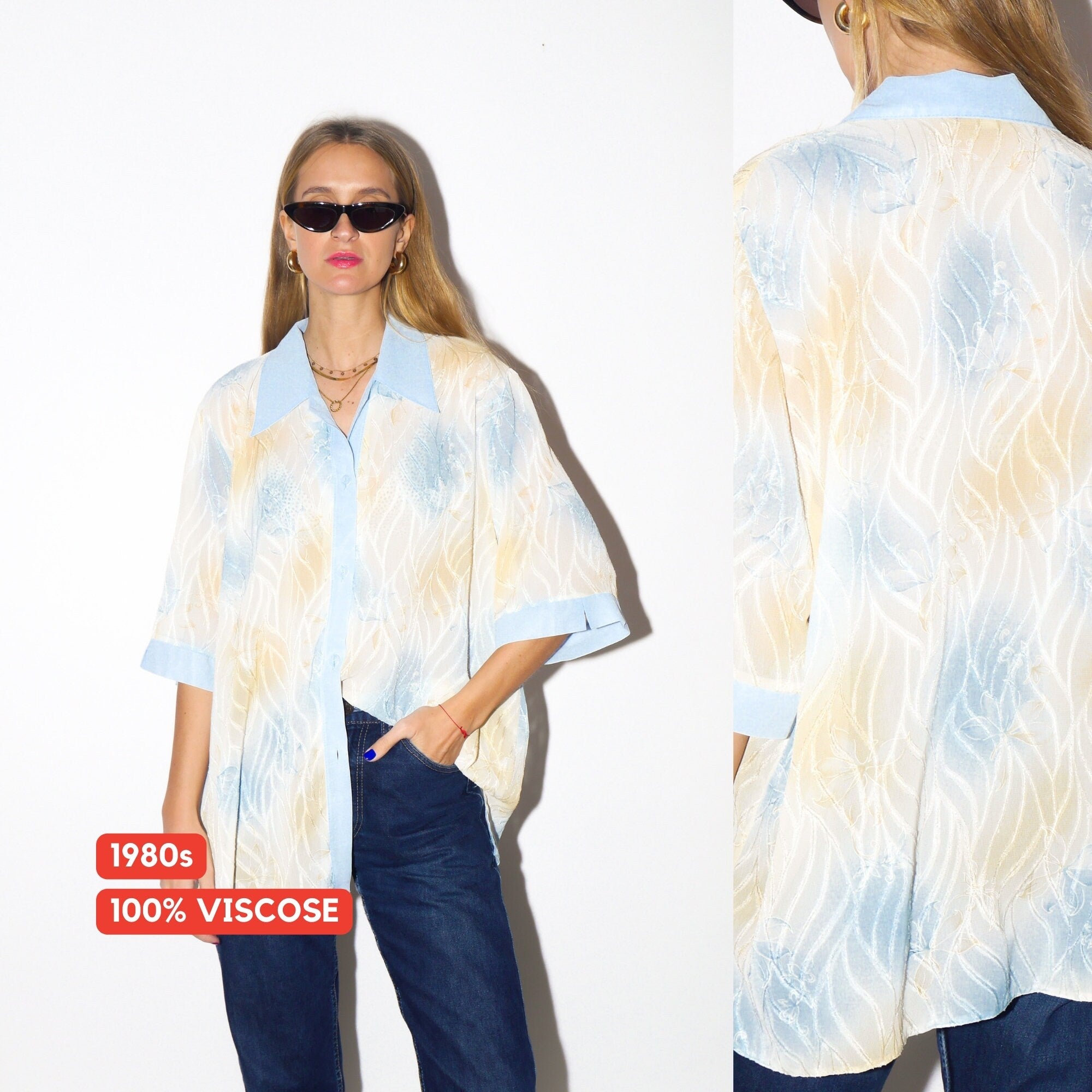 VINTAGE 100% Viscose short sleeve oversize shirt 1980s | unisex blue and yellow vintage shirt | super unique retro shirt