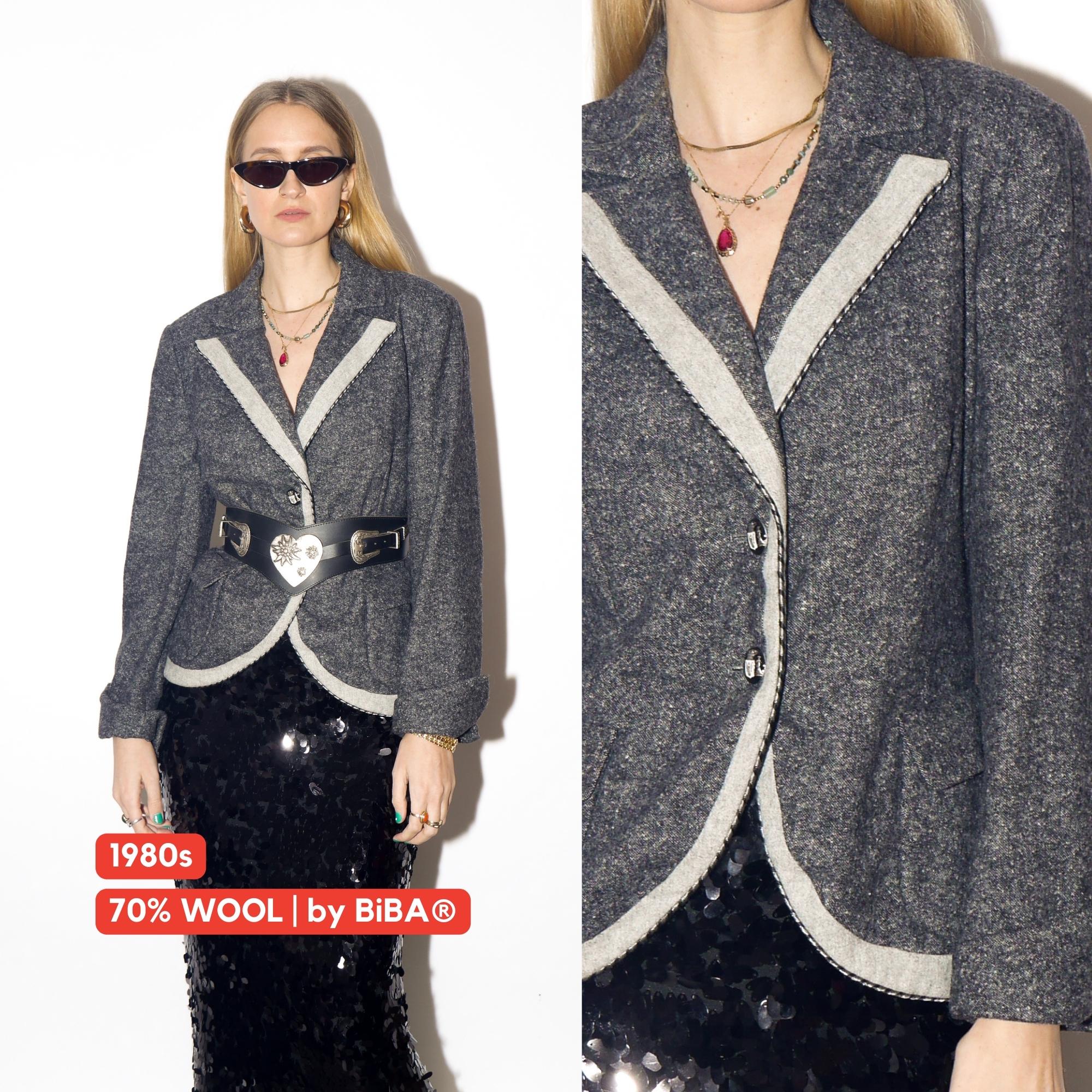 VINTAGE wool blazer from 1980s in 2-tone gray melange warm fabric by BiBA®