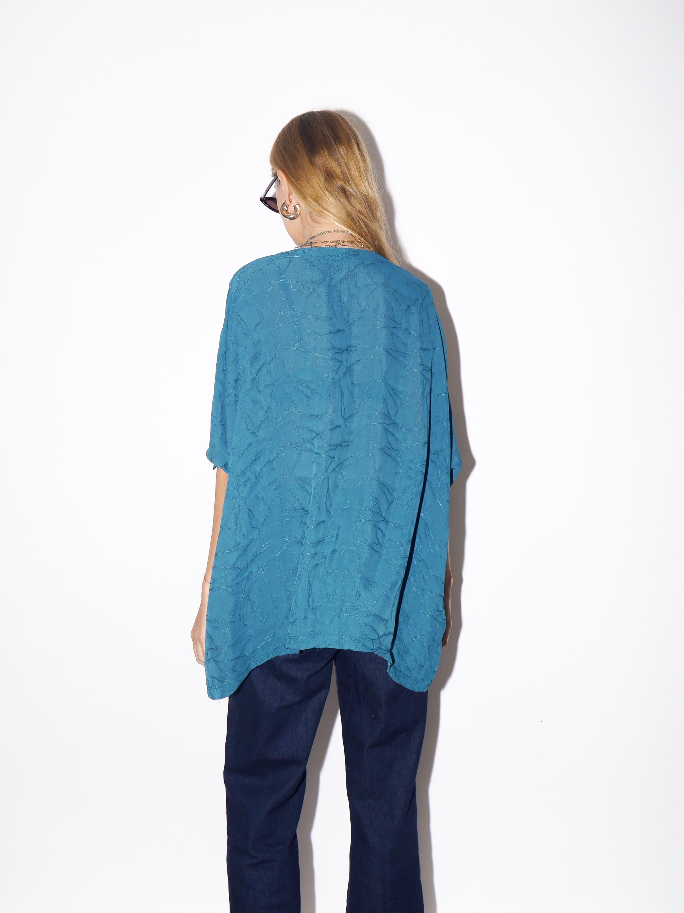 1970s Viscose Blouse - Vintage Turquoise Blue Blouse, Wavy Wrinkled Fabric Shirt, Retro Fashion Clothing for Women