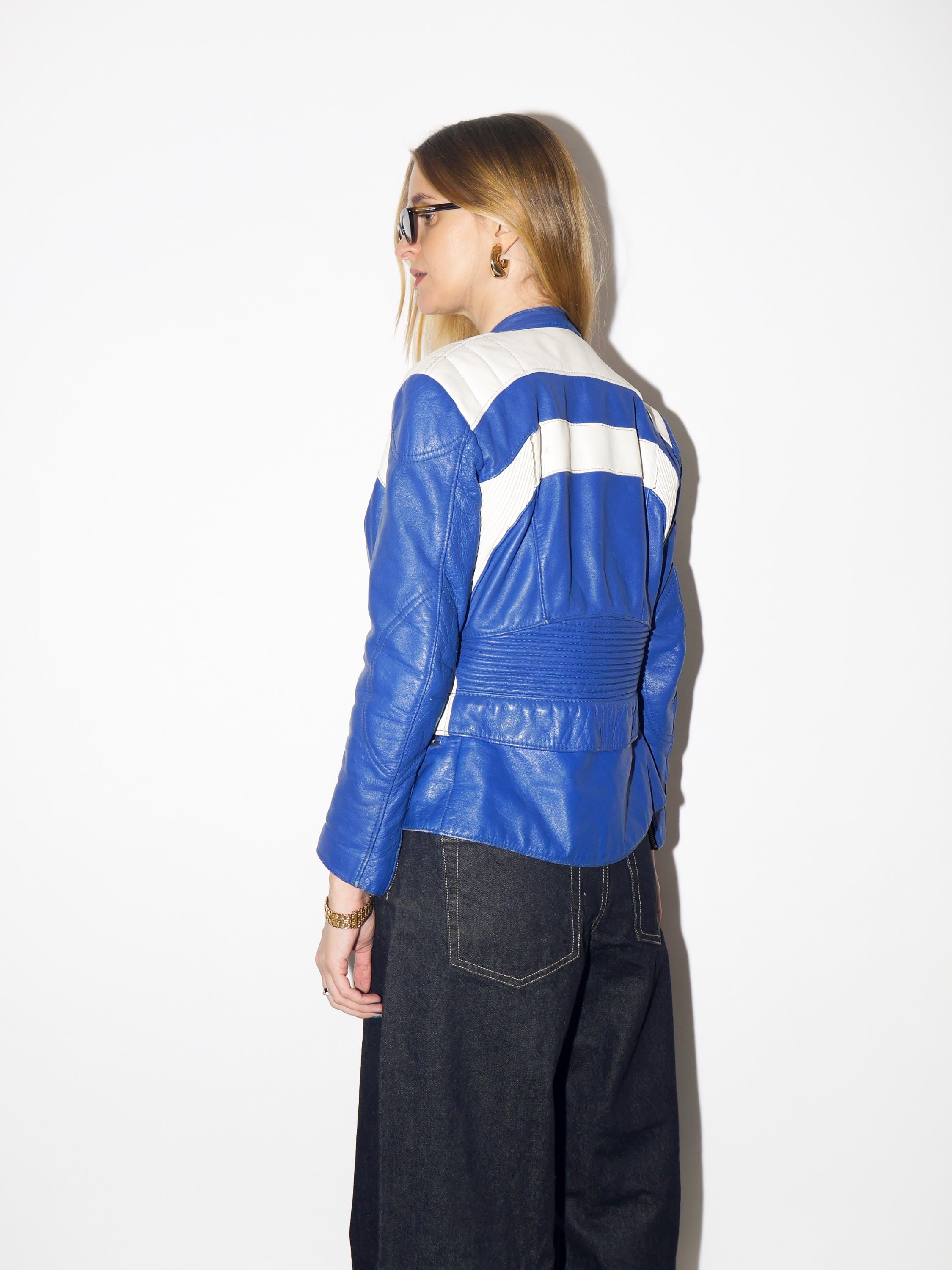 VINTAGE blue leather motorcycle jacket from 1970s | leather biker jacket Harro®