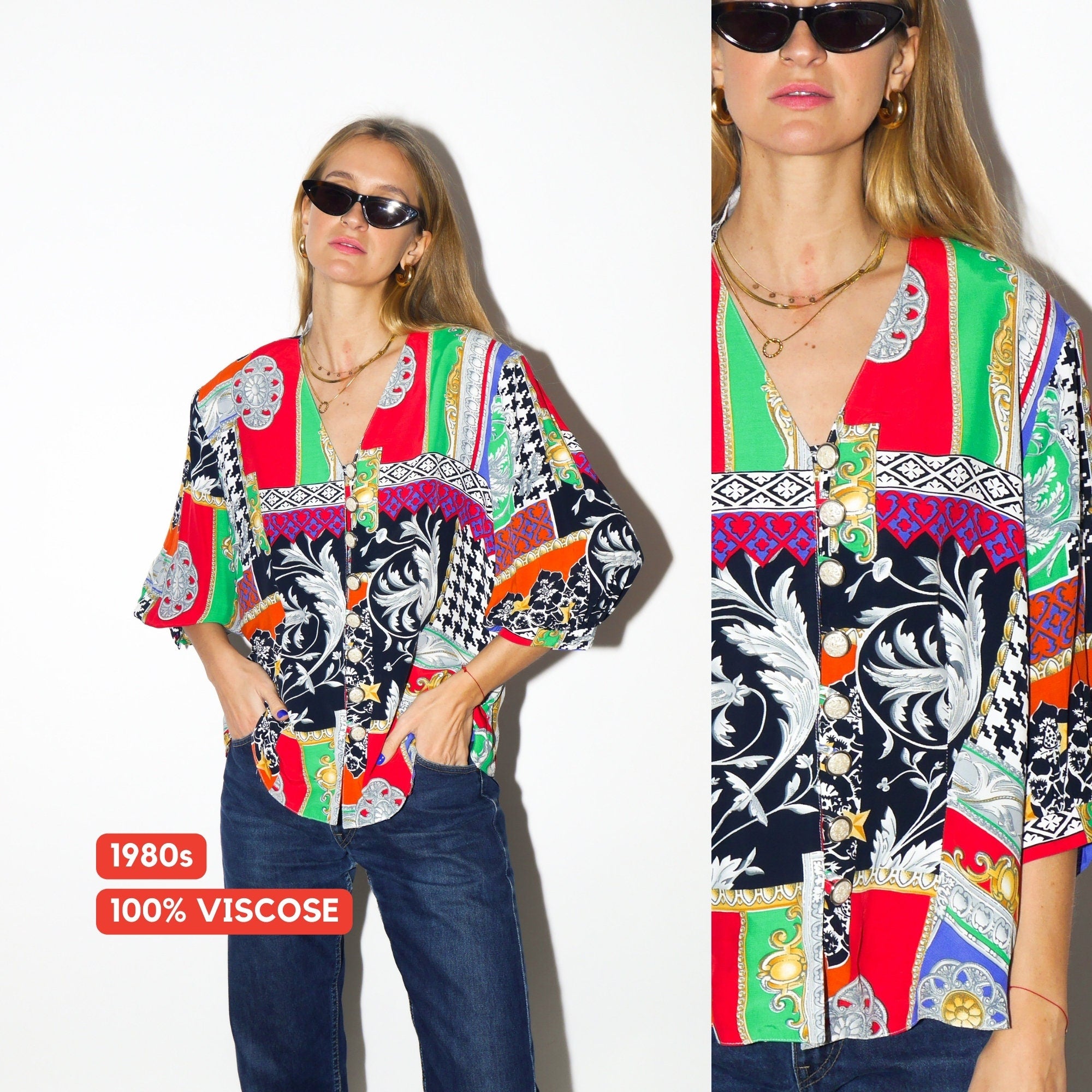 VINTAGE 100% Viscose shirt 1980s | Creation Harmante Viscose 3/4 sleeve blouse | v-neck shirt | colorful vintage shirt | shoulder pads