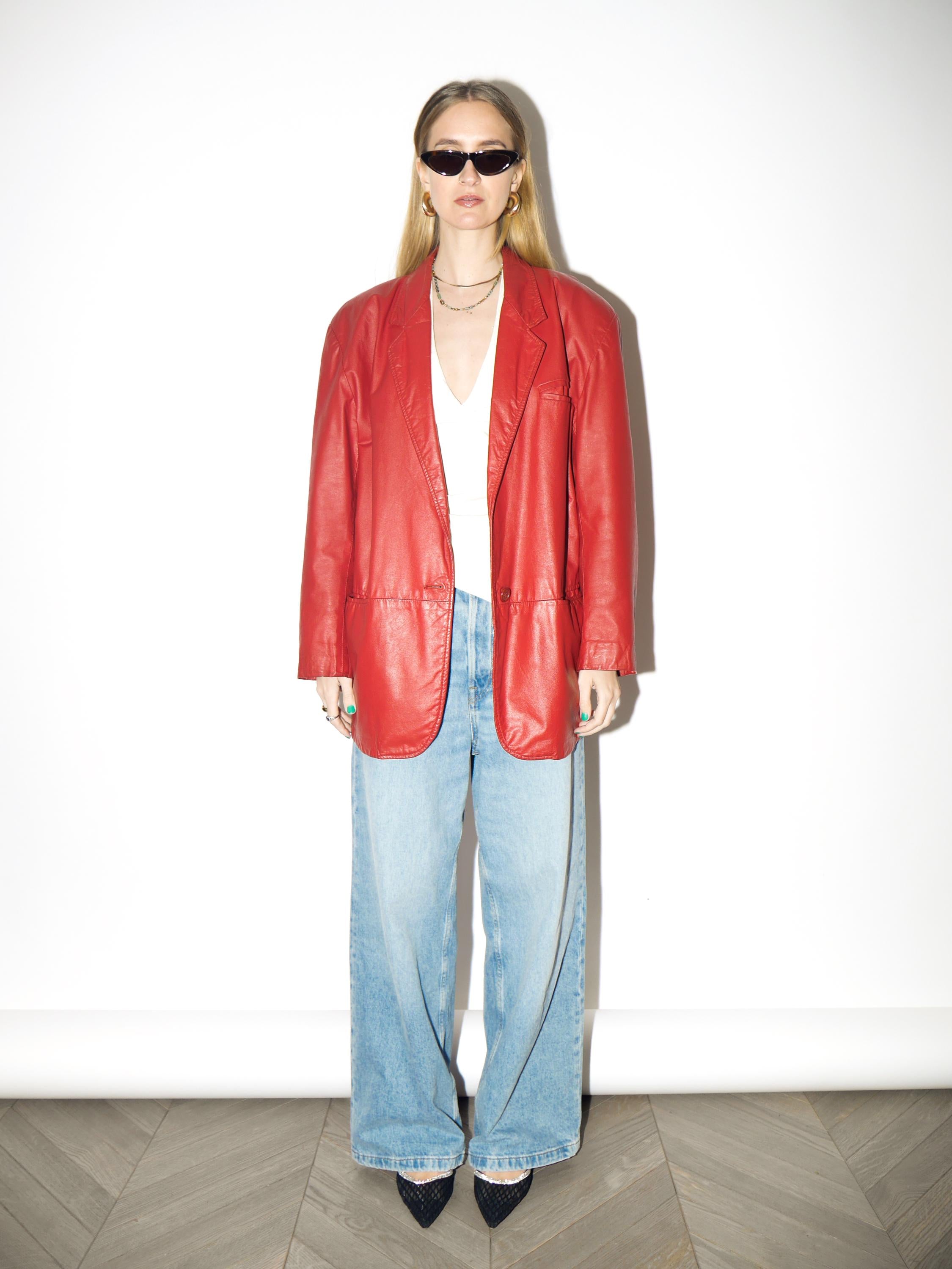 VINTAGE Red Leather Blazer from 1980s | Oversized Red Leather Jacket