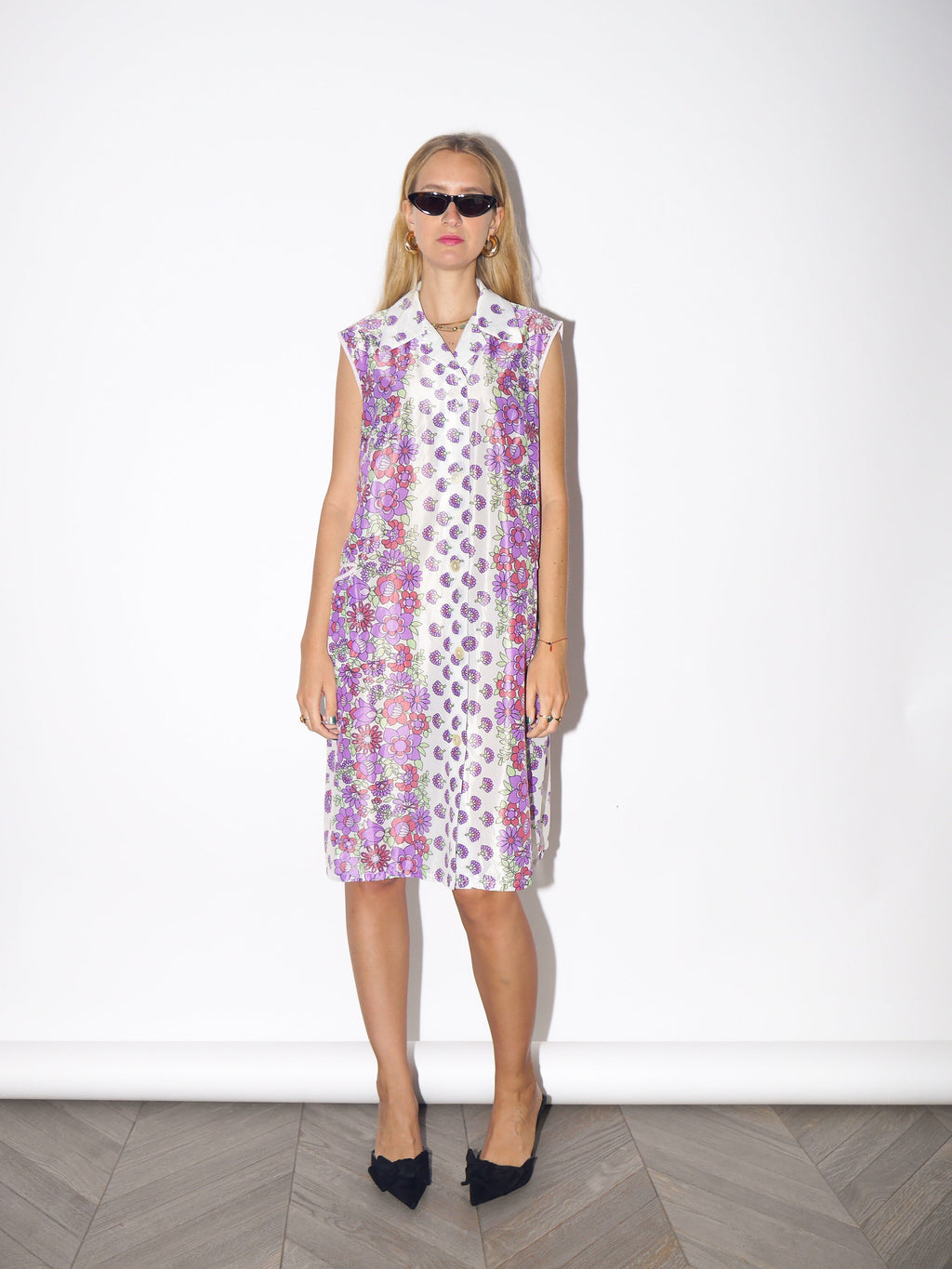 VINTAGE semi sheer white dress with purple flowers from 1980s | white semi sheer polo midi dress buttoned with collar and two front pockets