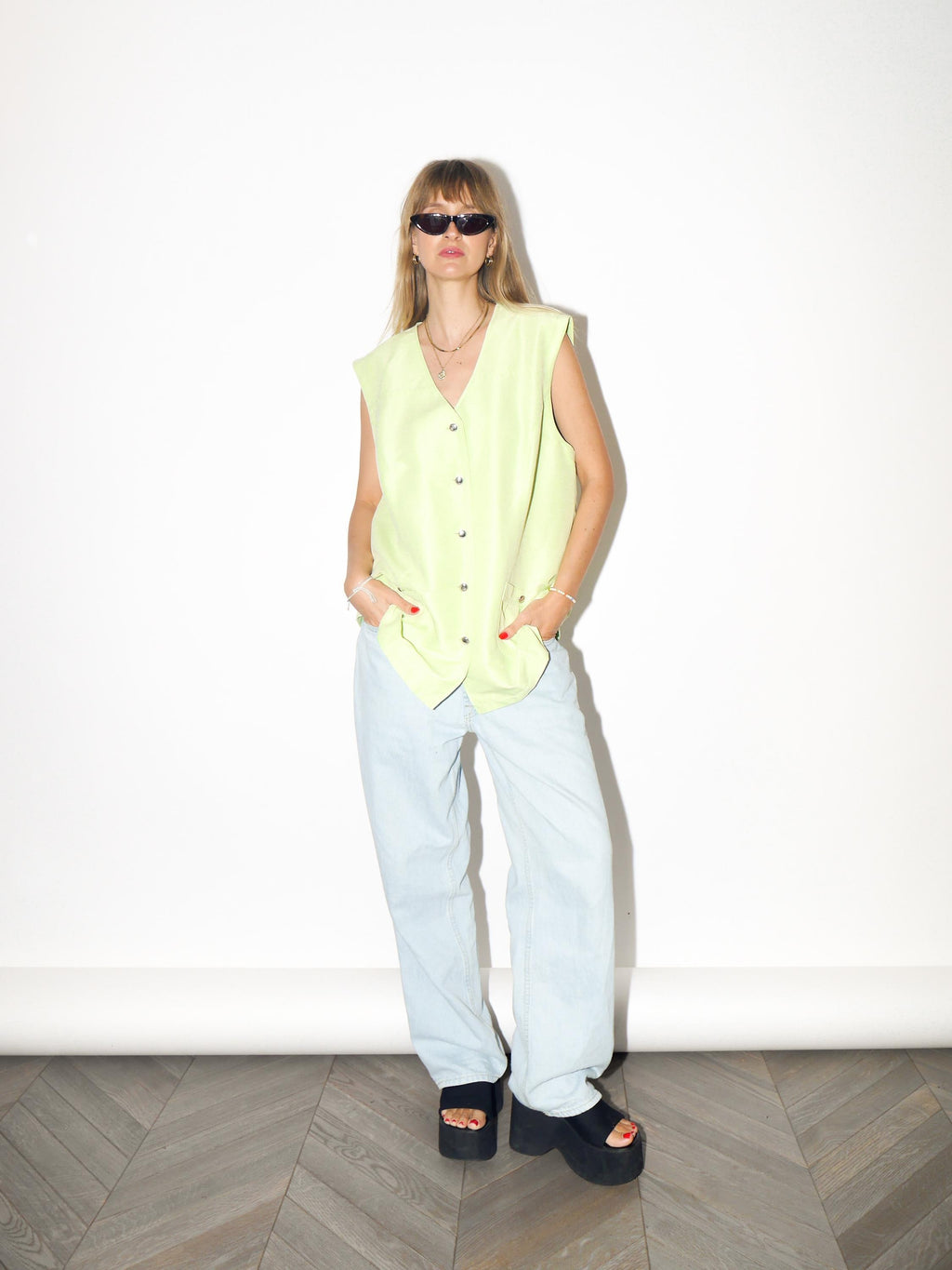 VINTAGE Neon Pistachio Green Statement Vest With Metal Buttons From The 1980s
