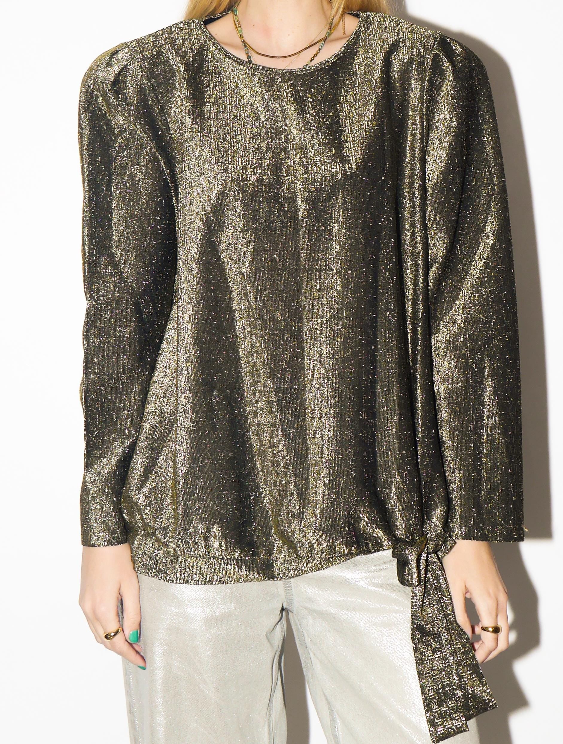VINTAGE Gold Metallic Blouse from 1980s | Bow Detail & Big Shoulder Pads Blouse