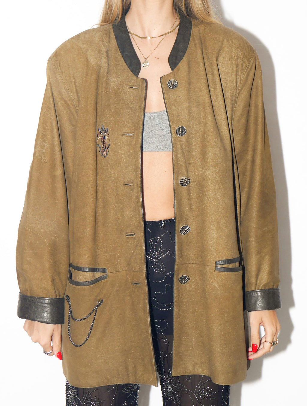 VINTAGE Khaki Brown Matte Leather Jacket With Embroidery From The 1980s by Leather Sound